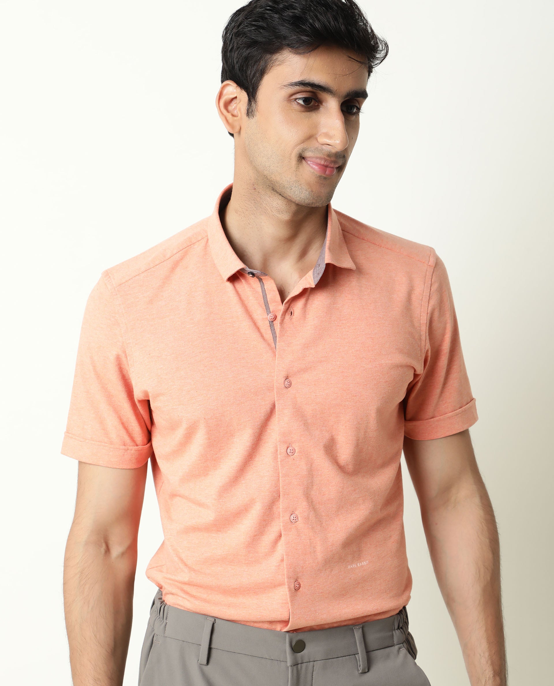 Rare Rabbit Men's Miraj Orange Cotton Fabric Half Sleeves Knitted Shirt
