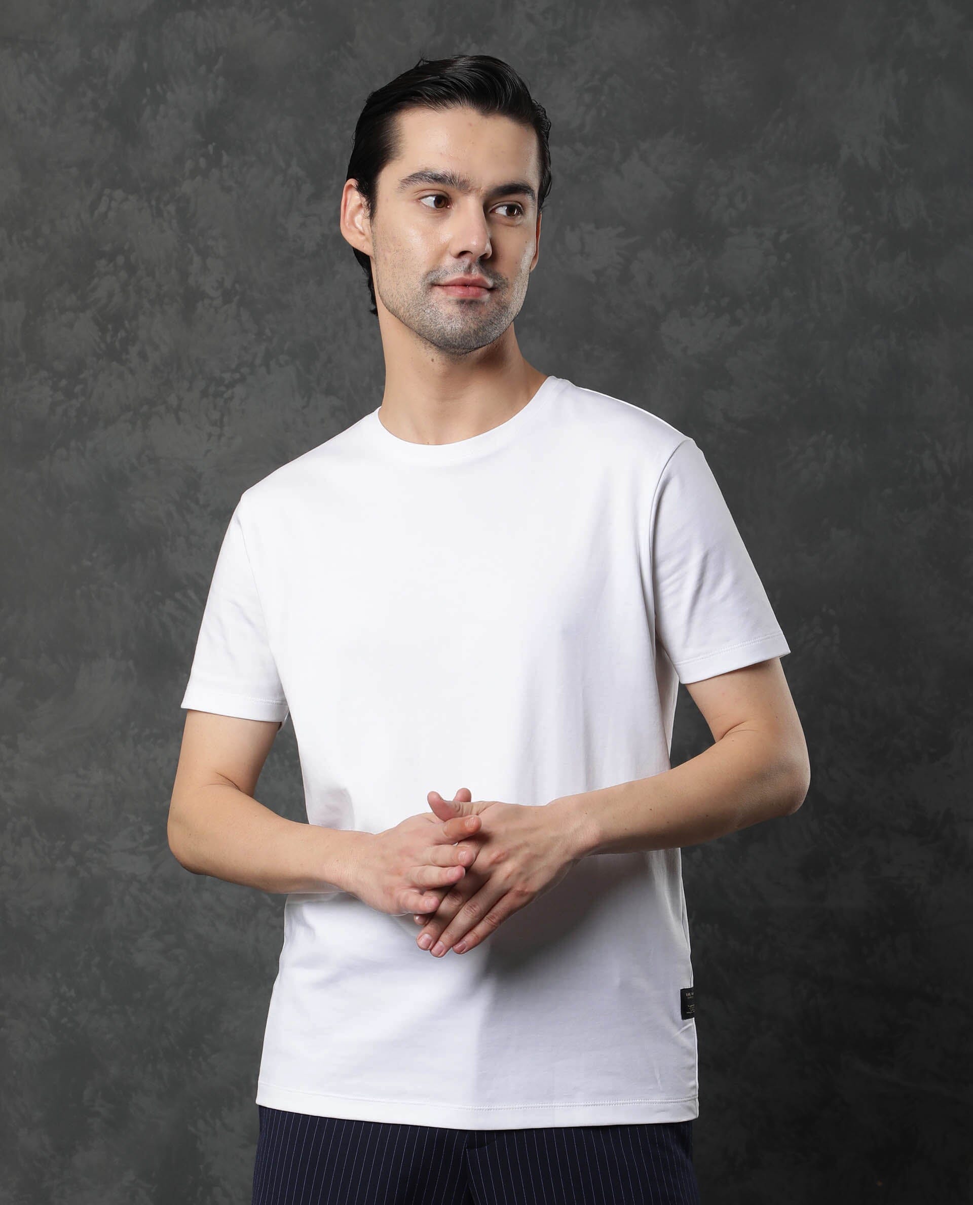 Rare Rabbit Men's Gis White Cotton Fabric Crew Neck Half Sleeves Regular Fit Solid T-Shirt