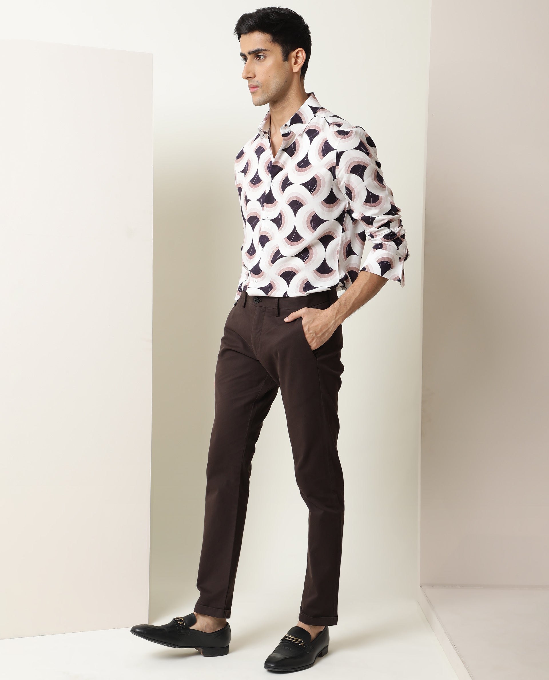 Rare Rabbit Men's Febug Off White Viscose Fabric Geometric Print Full Sleeves Shirt