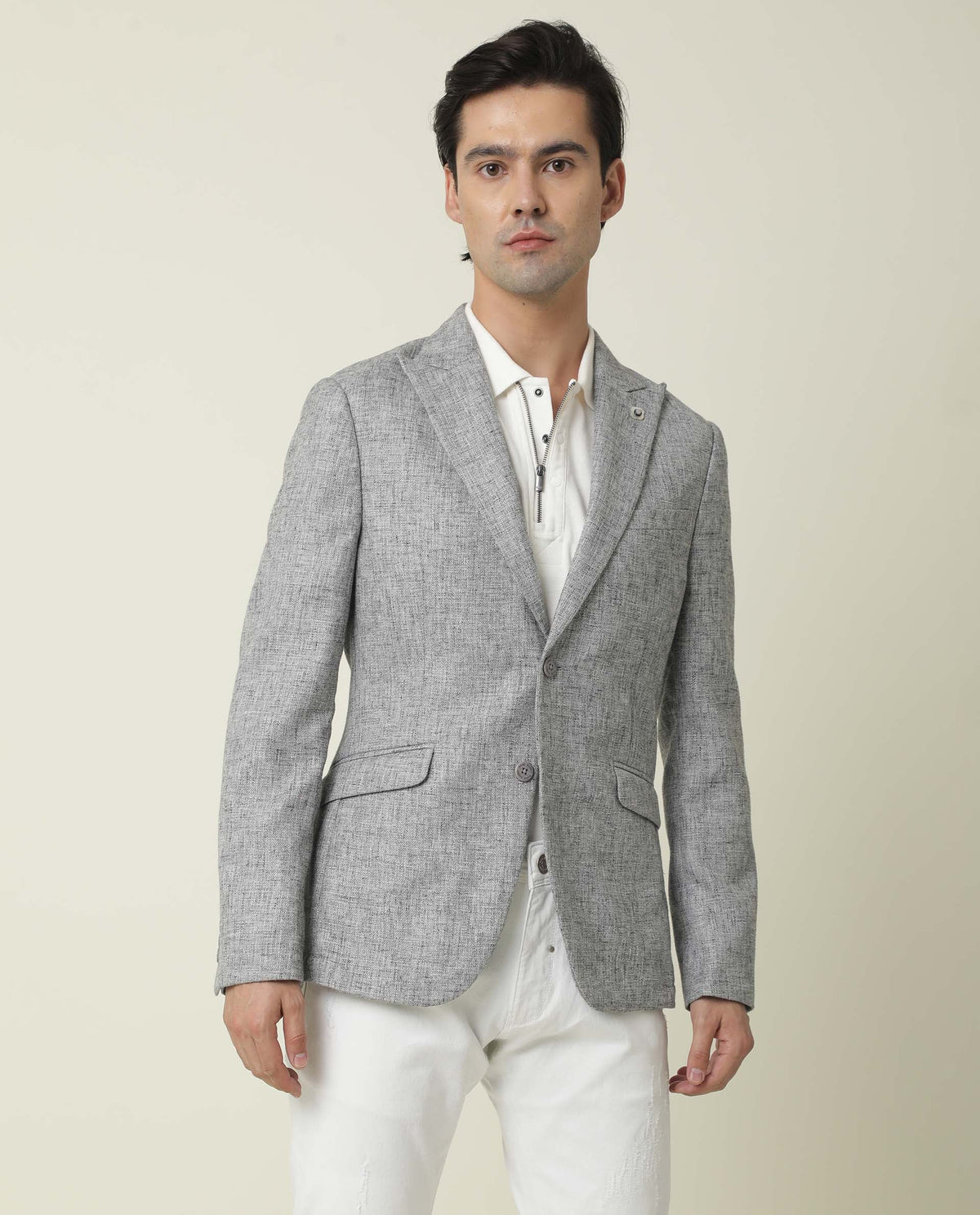 Rare Rabbit Men's Drews Grey Polyester Viscose Fabric Peak Lapel Single Breasted Tailored Fit Textured Blazer