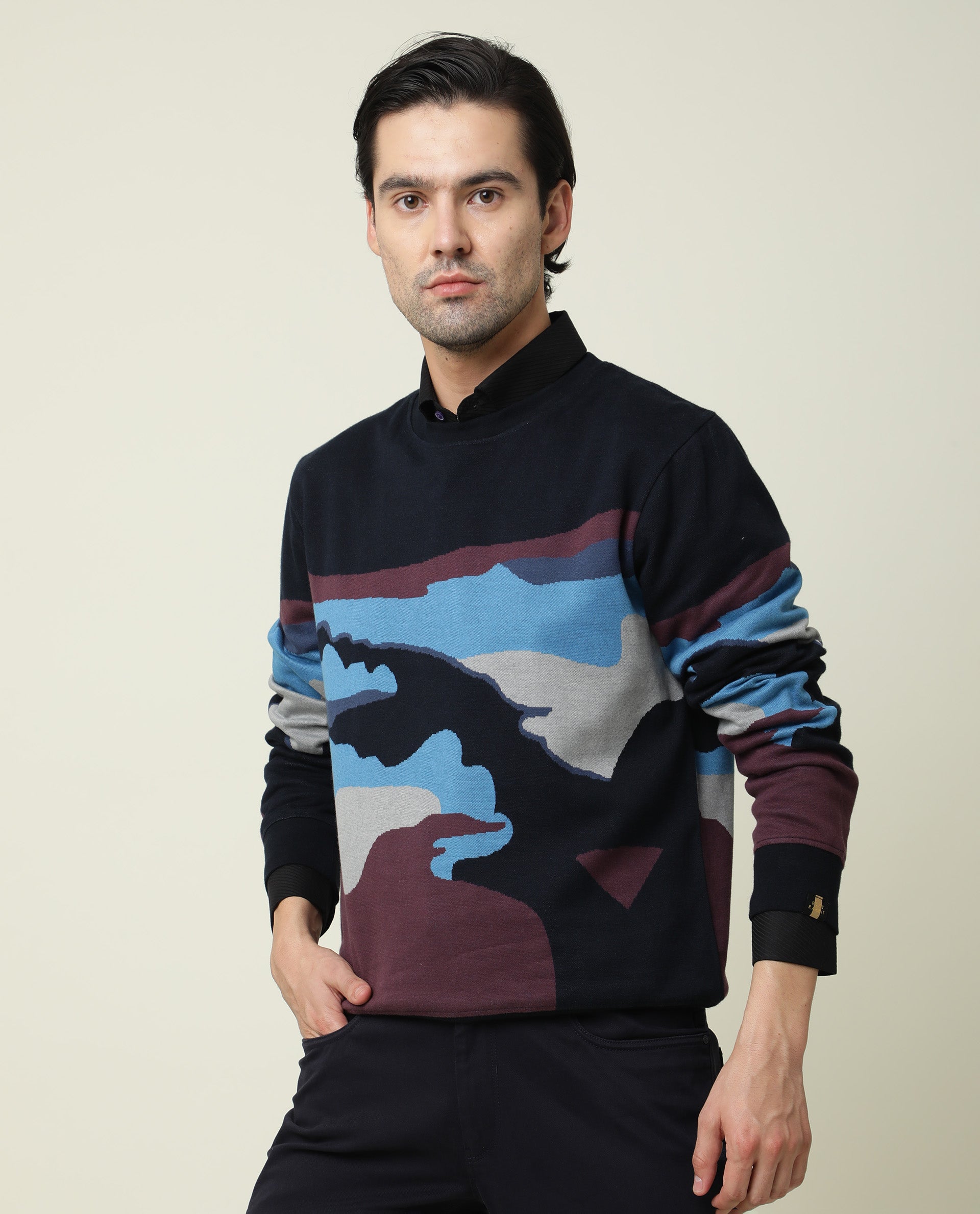 Rare Rabbit Men'S Hill Navy Cotton Fabric Crew Neck Full Sleeves Slim Fit Sweatshirt