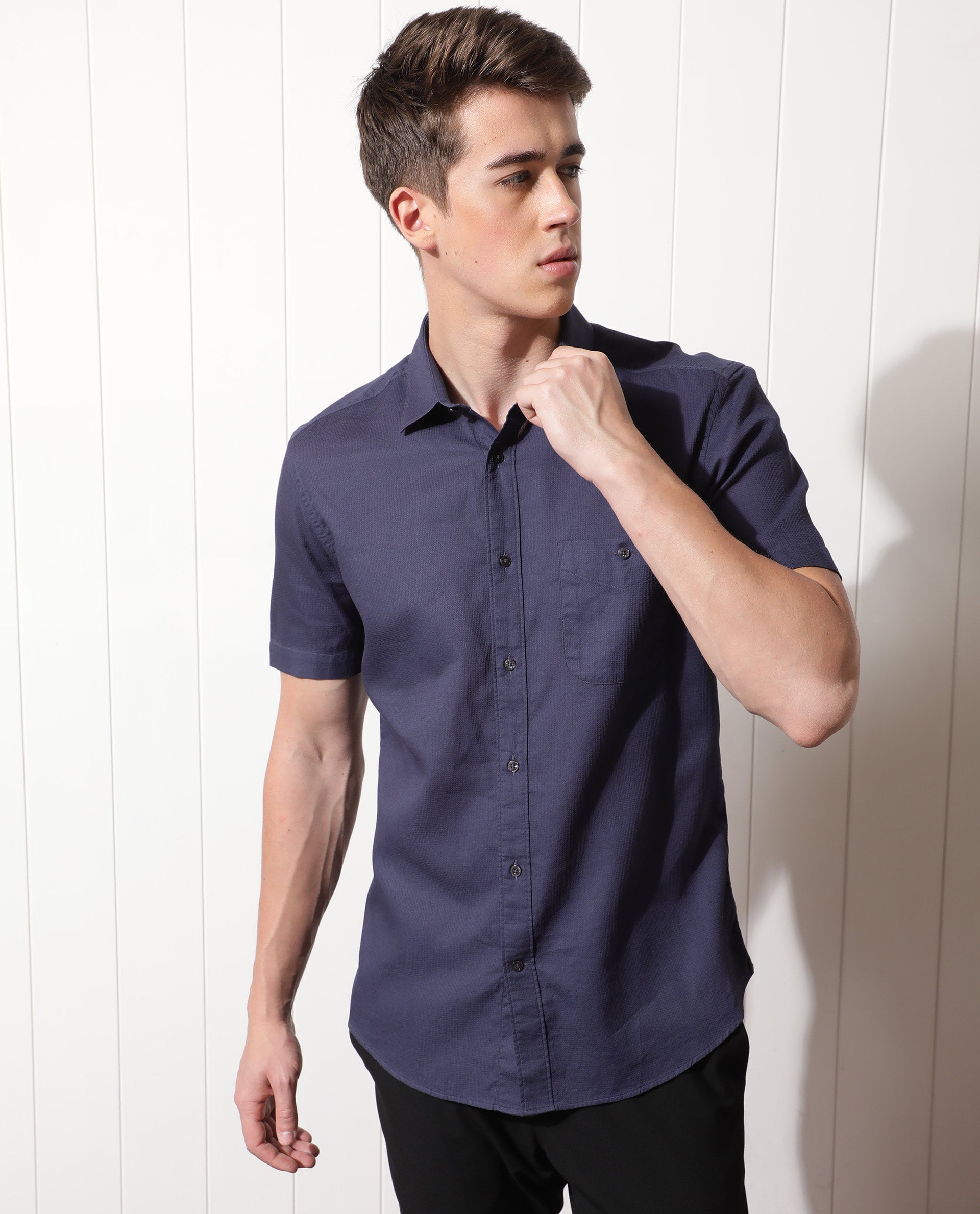 Rare Rabbit Men's Affle Dark Purple Dobby Fabric Half Sleeves Solid Shirt