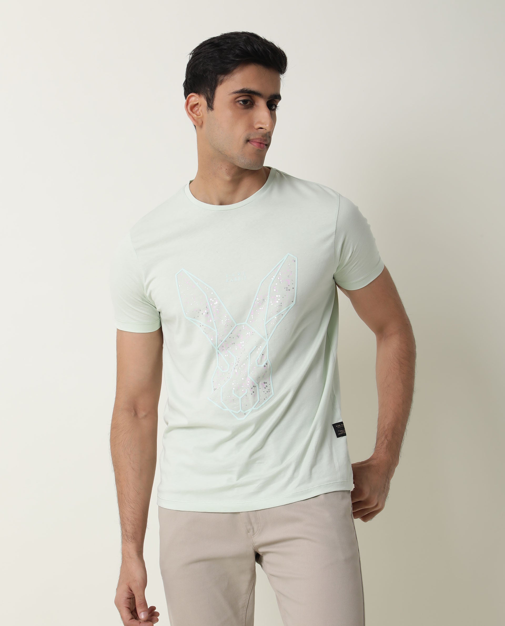 RARE RABBIT MENS MODERN-2 GREEN T-SHIRT COTTON FABRIC SLIM FIT CREW NECK HALF SLEEVE