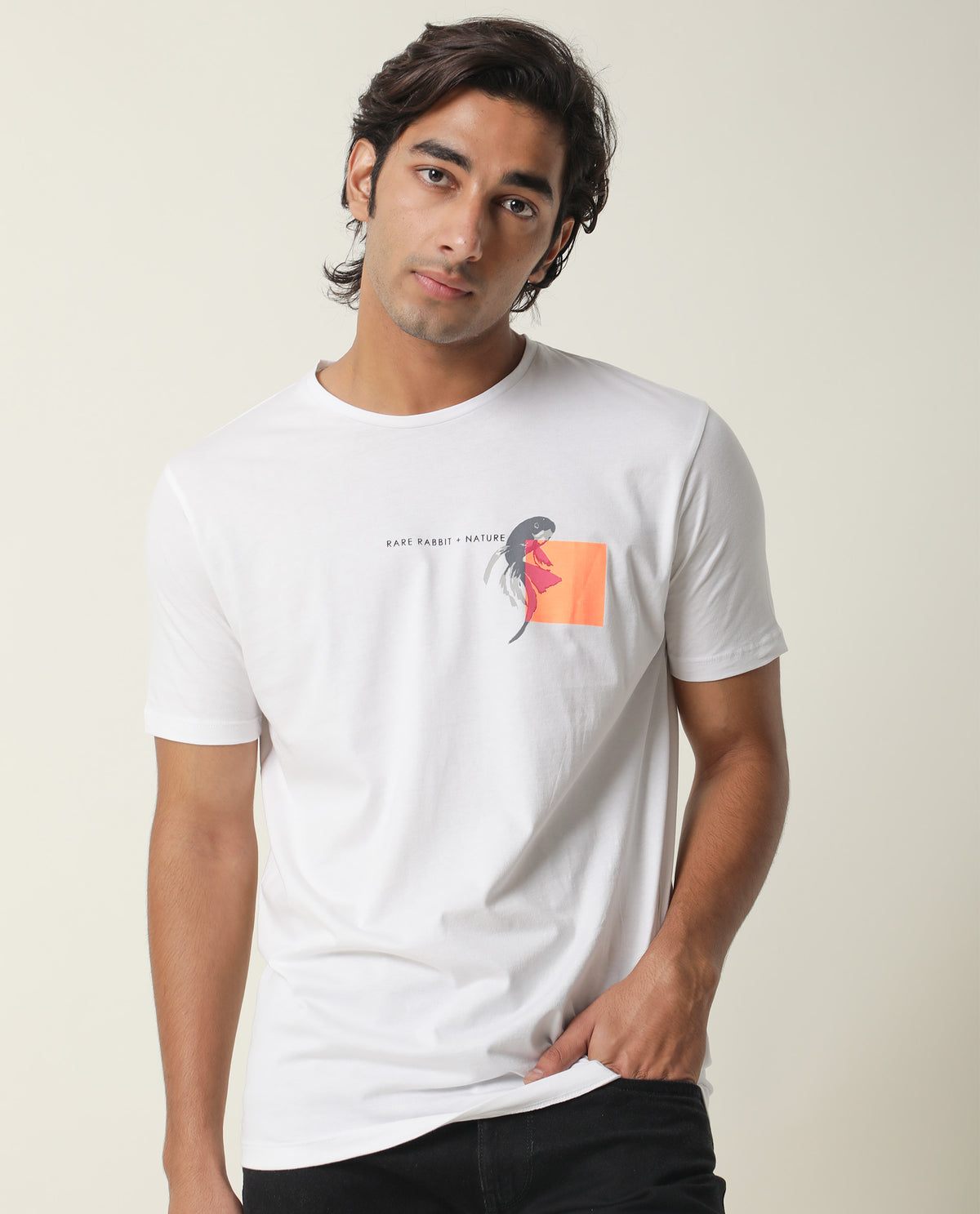 Rare Rabbit Men's Gol White Cotton Fabric Crew Neck Half Sleeves Slim Fit Graphic Print T-Shirt