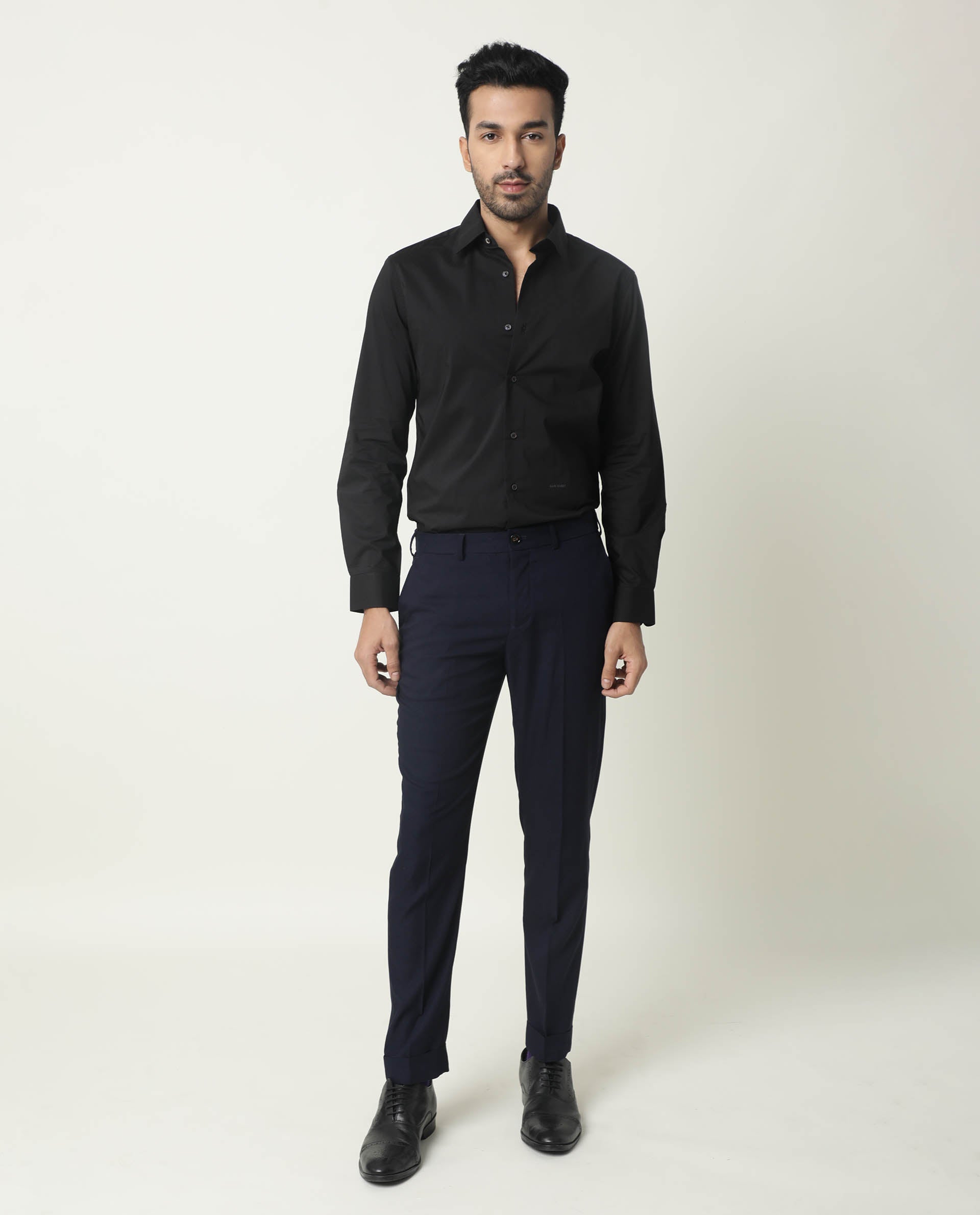 RARE RABBIT MEN'S NEUTRO LS BLACK SHIRT COTTON POLYESTER FABRIC COLLARED NECK FULL SLEEVES BUTTON CLOSURE SLIM FIT