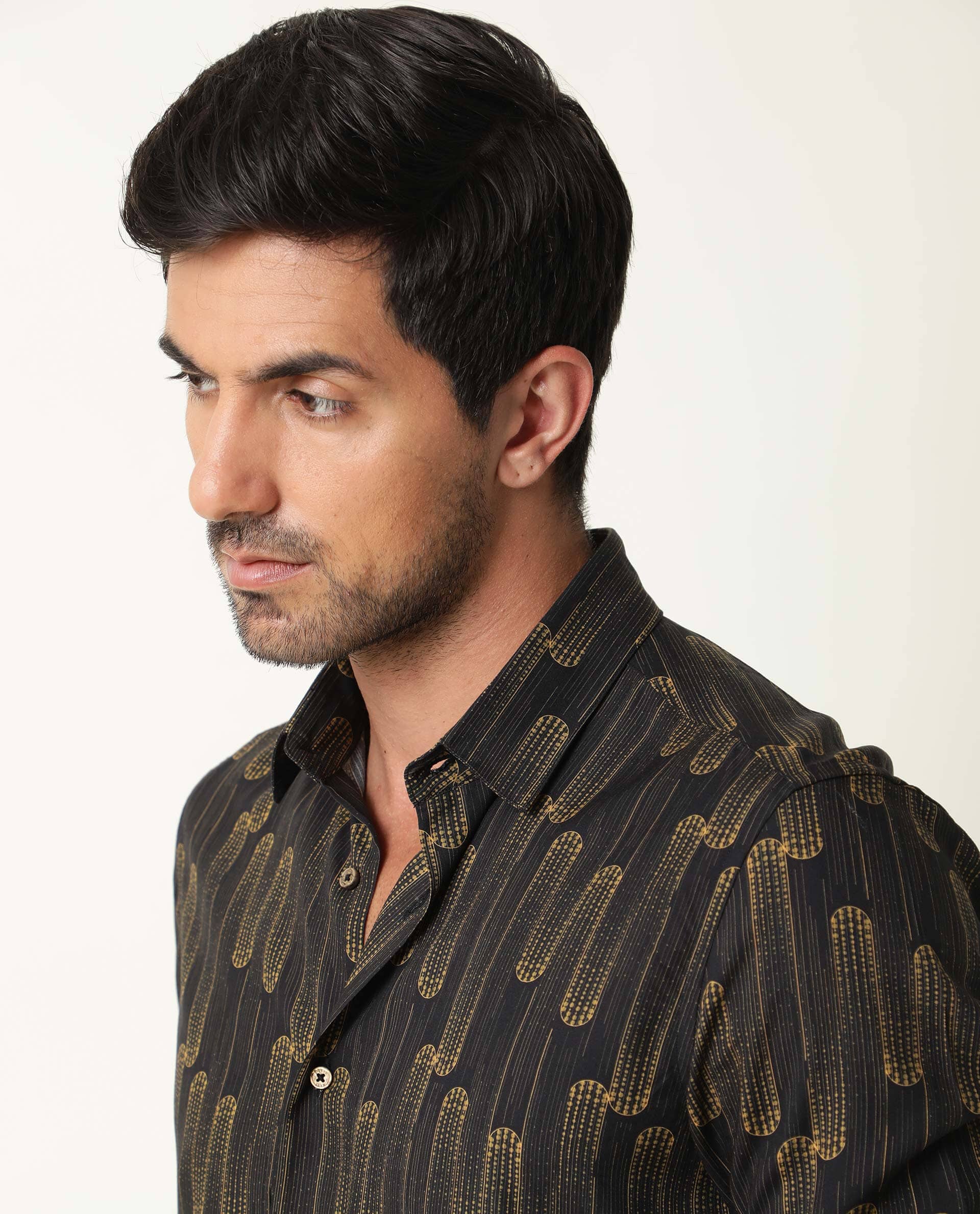 Rare Rabbit Men's Marshey Black Viscose Fabric Full Sleeves Shirt