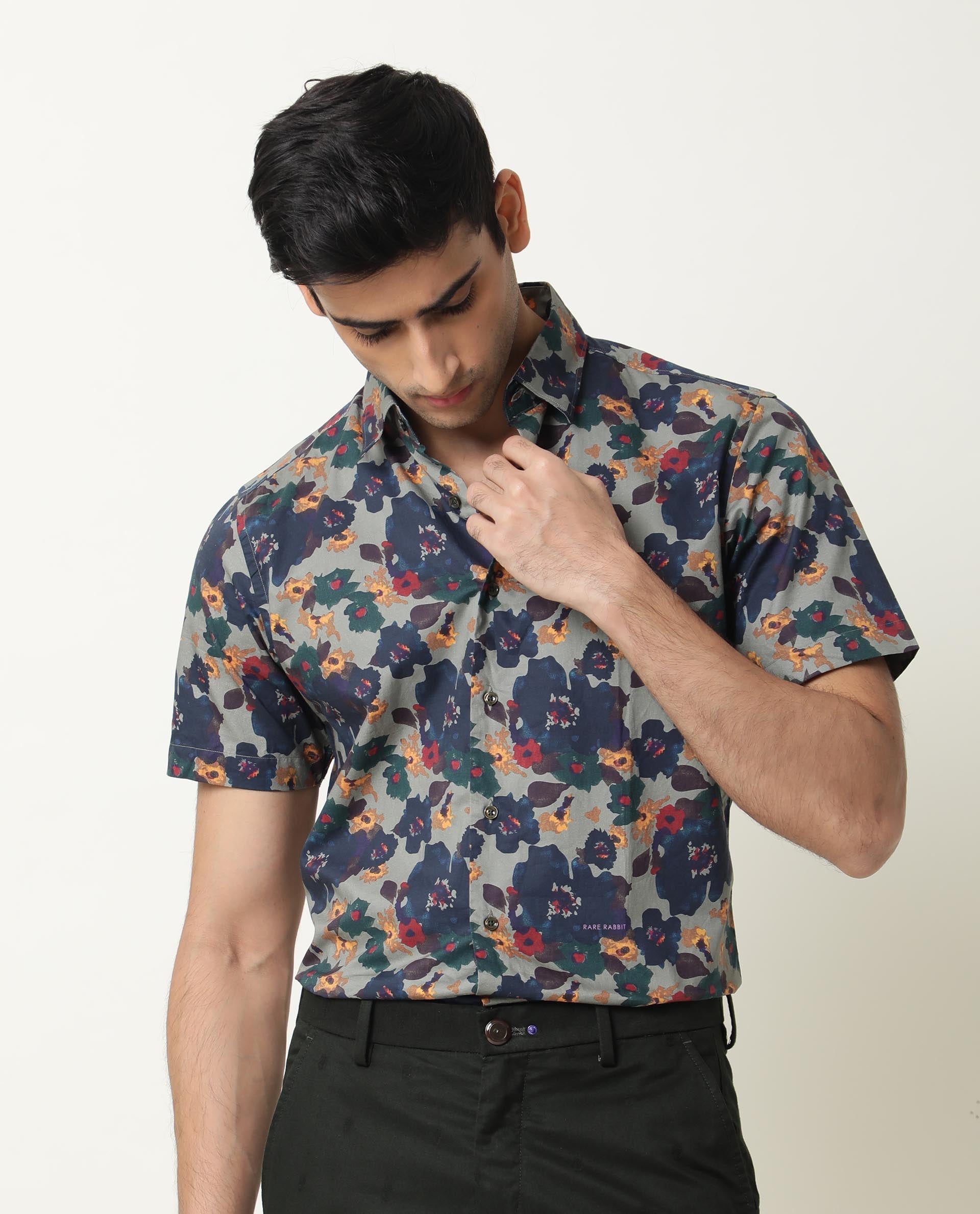 Rare Rabbit Men's Vishh Green Poplin Floral Printed Half Sleeves Shirt