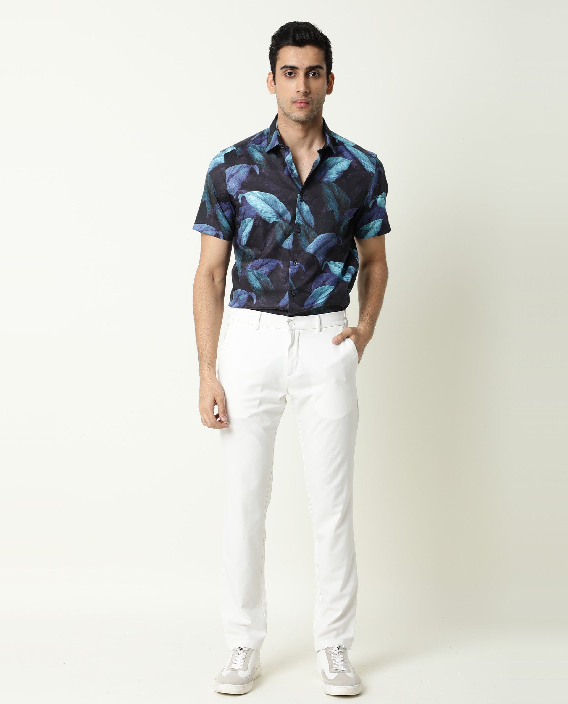 Rare Rabbit Men's Growers Navy Viscose Fabric Half Sleeves Tropical Print Shirt