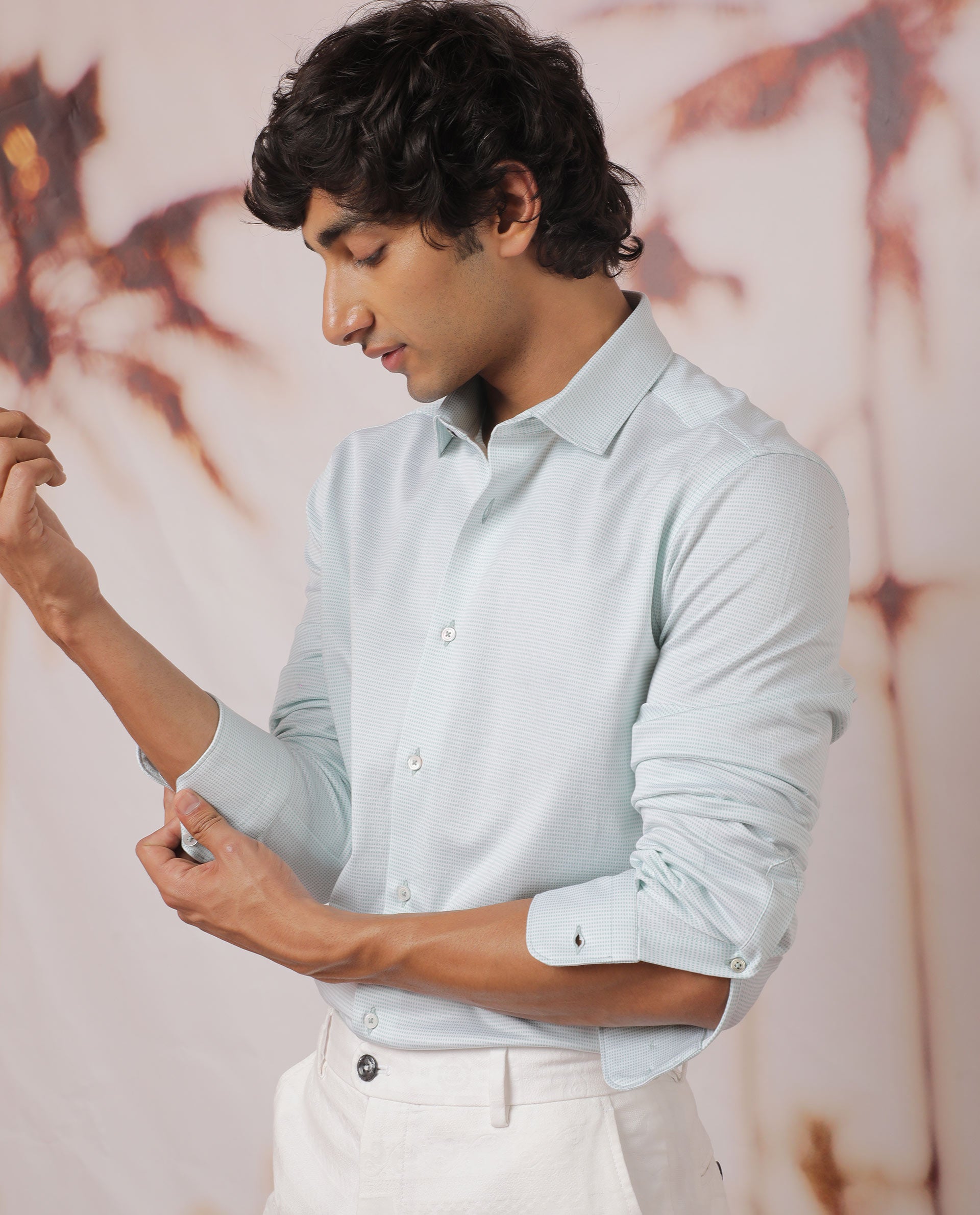 Rare Rabbit Men's Fay Pastel Green Cotton Fabric Full Sleeves Micro Checks Shirt