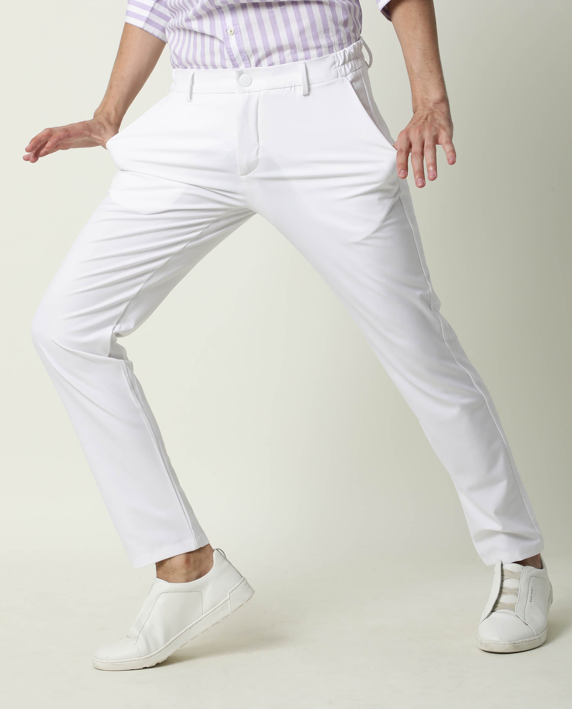 Rare Rabbit Men's Travel-1 White Solid Mid-Rise 4-Way Stretch Slim Fit Trouser