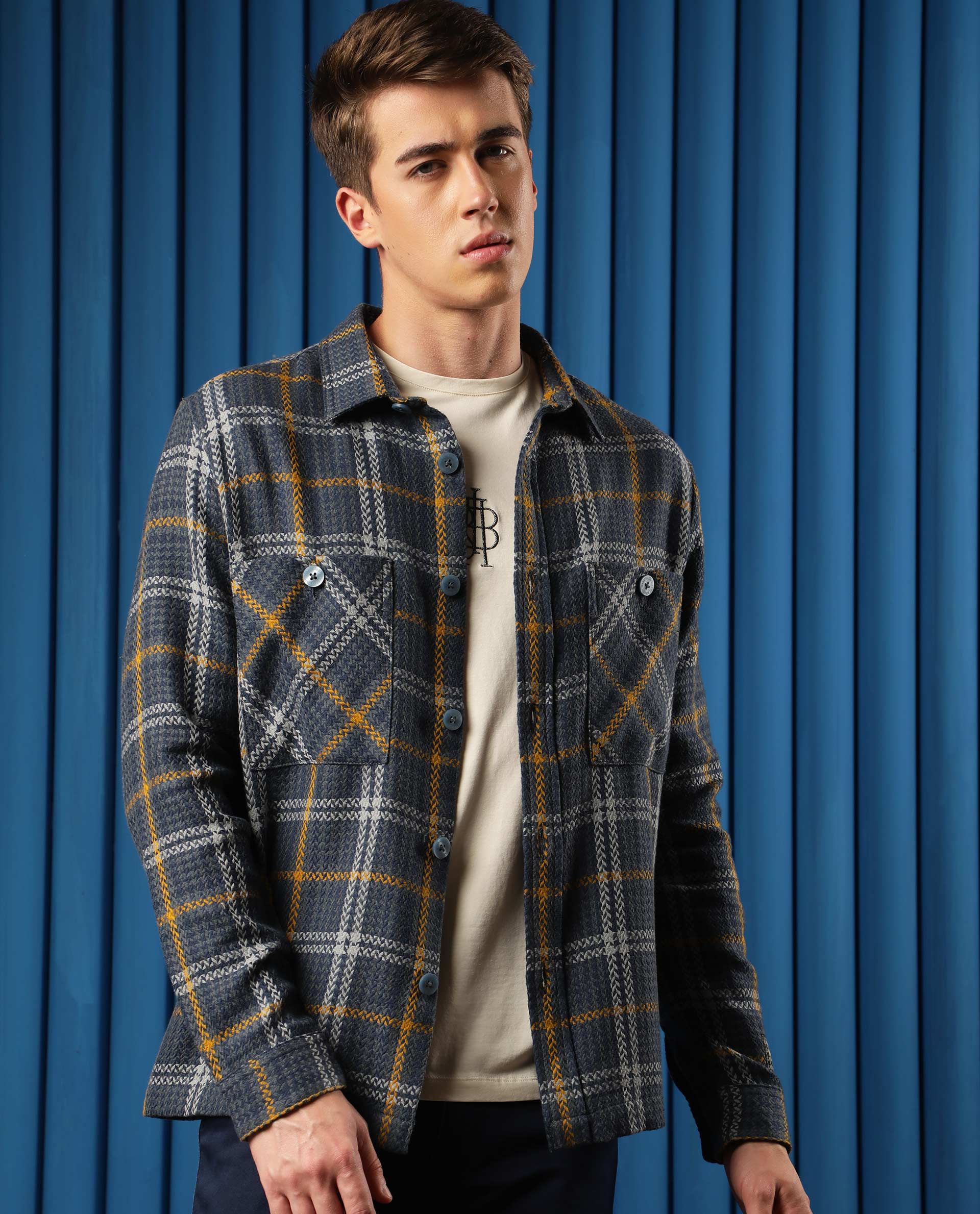 Rare Rabbit Men's Hunter Grey Checks Spread Collar Shacket