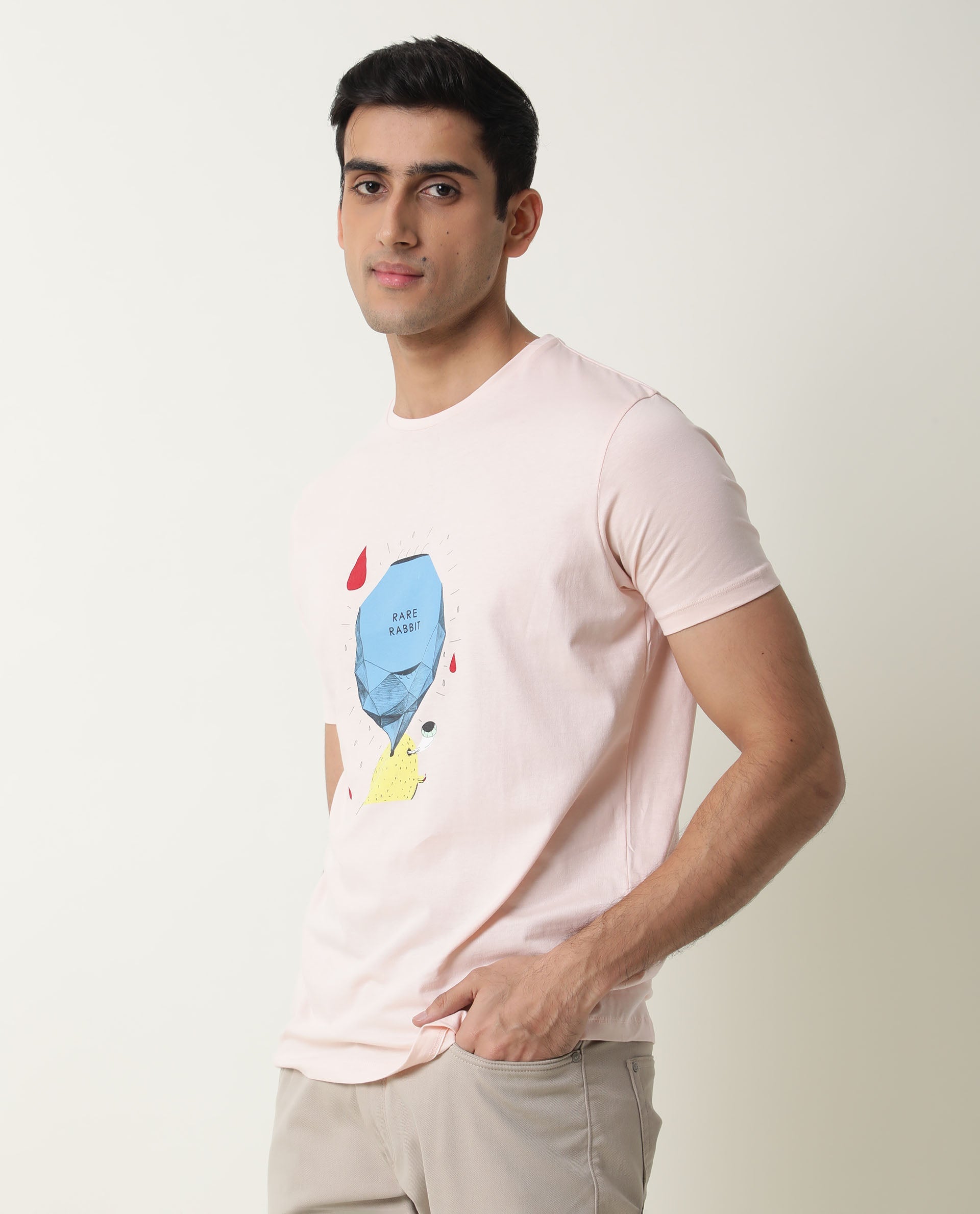 Rare Rabbit Men's Dunnii Pink T-Shirt Cotton Fabric Slim Fit Crew Neck Half Sleeves