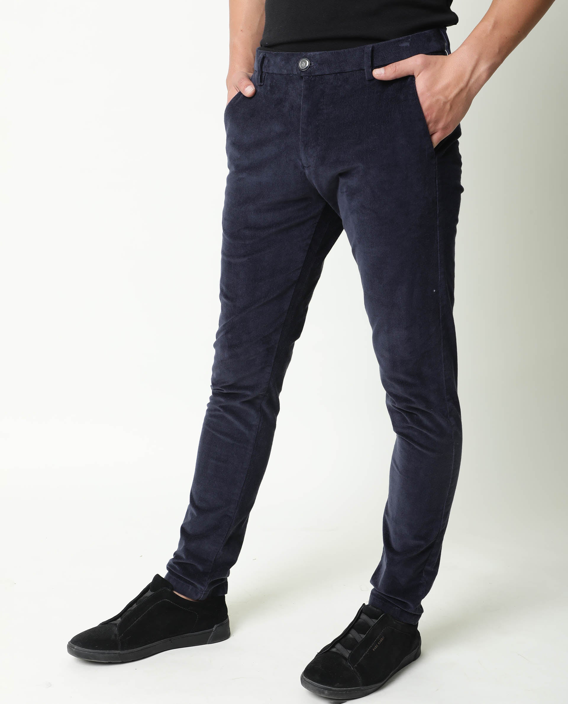 Rare Rabbit Men's Croc Navy Mid-Rise Regular Fit Premium Velvet Trouser