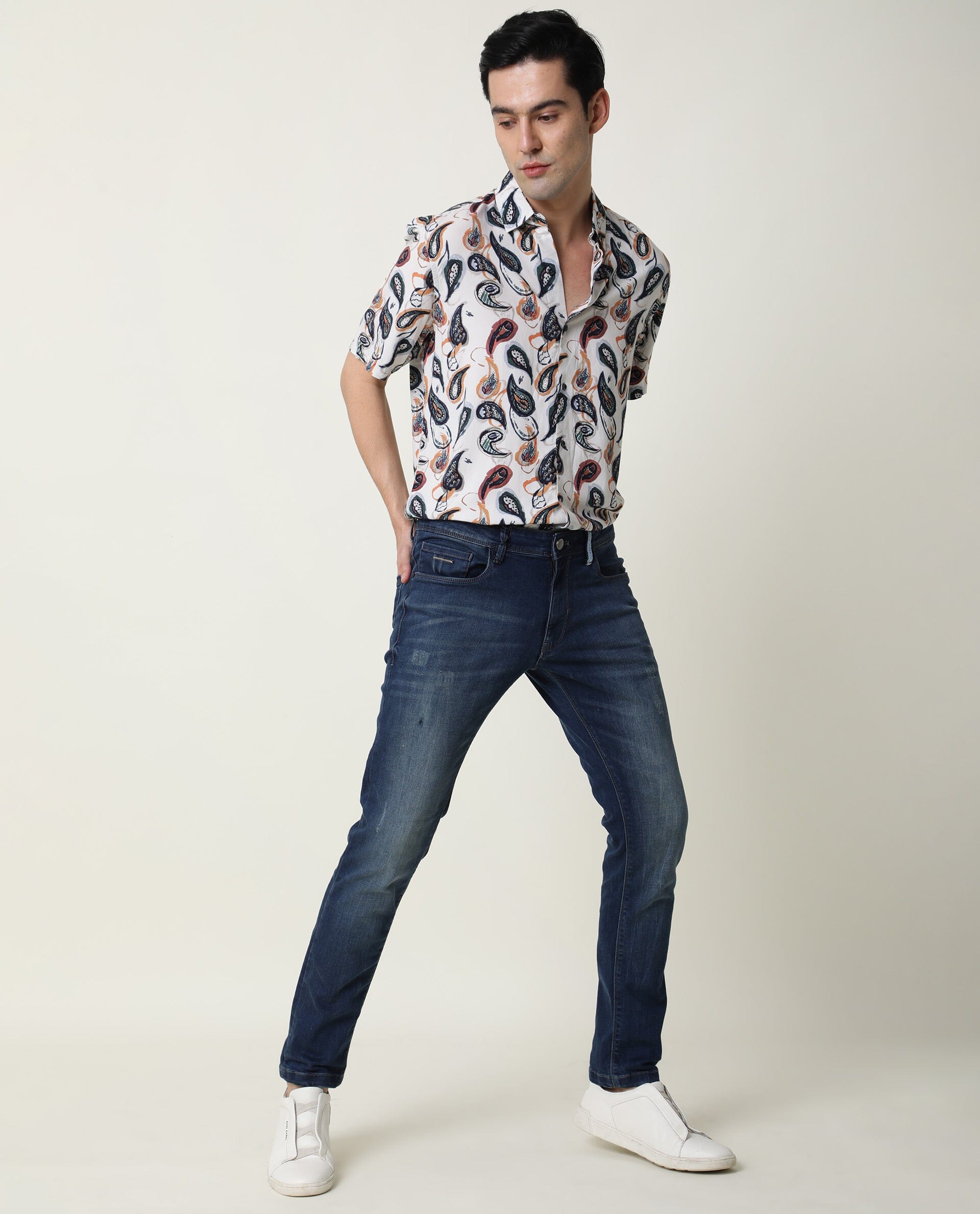 Rare Rabbit Men's Ivy Ss Beige Viscose Fabric Paisley Print Half Sleeves Shirt