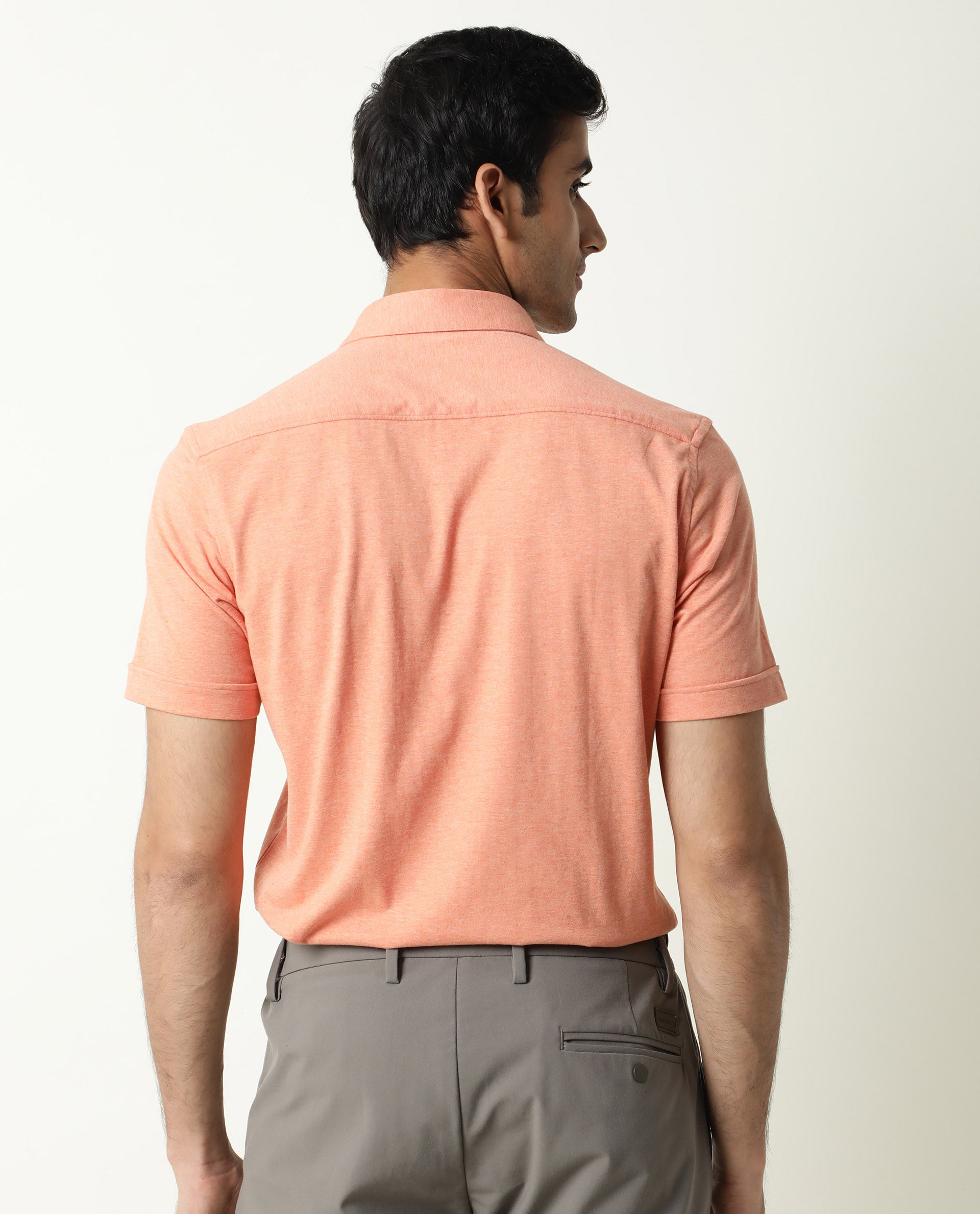 Rare Rabbit Men's Miraj Orange Cotton Fabric Half Sleeves Knitted Shirt