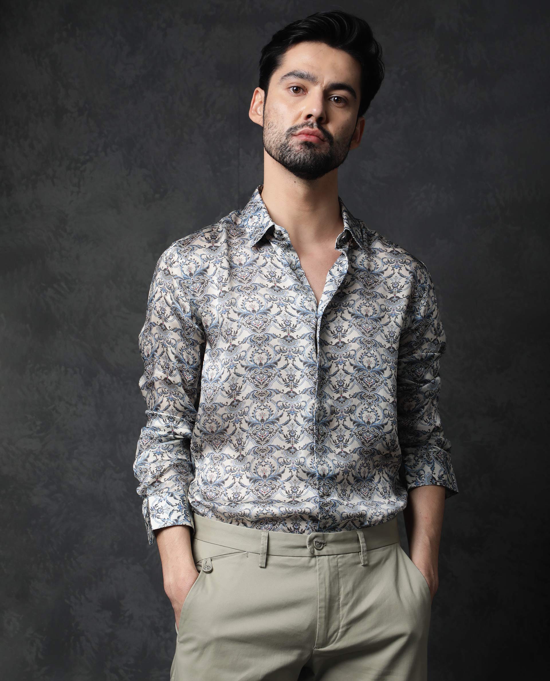 Rare Rabbit Men's Montor Beige Satin Abstract Print Full Sleeves Shirt