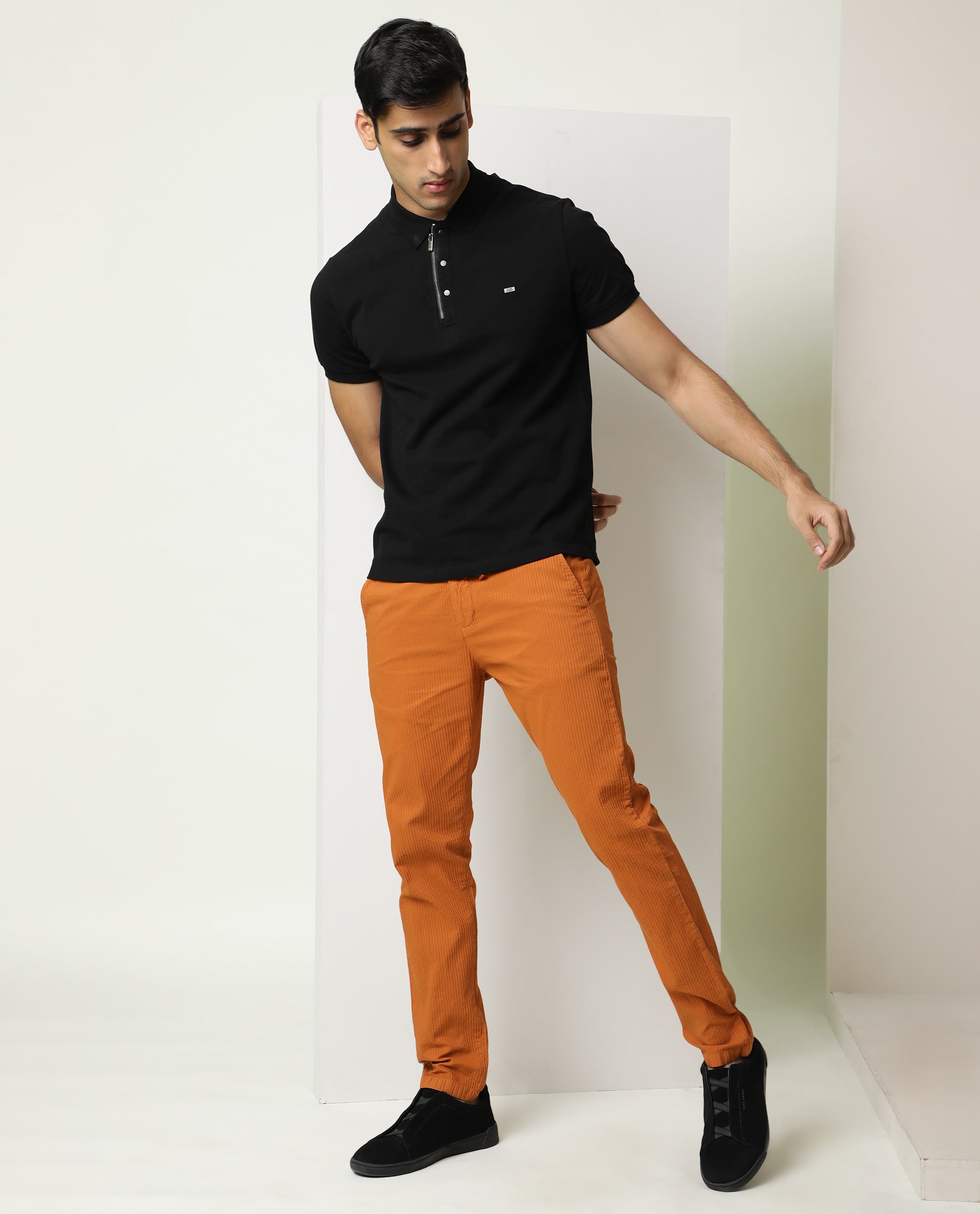 Rare Rabbit Men's Monter Orange Stripe Dobby Mid-Rise With Drawstring And Elastic Waistband Regular Fit Trouser