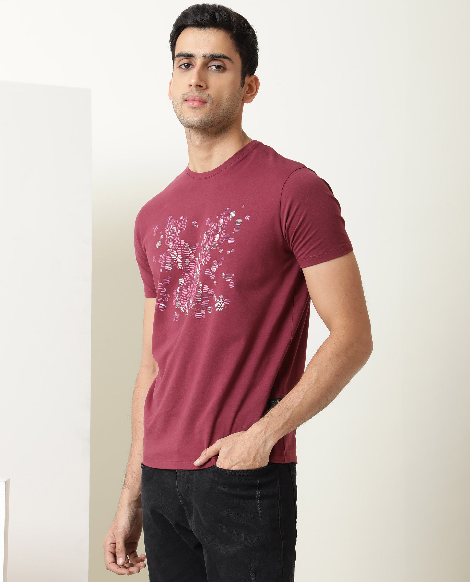 Rare Rabbit Men's Smokey Maroon Cotton Lycra Fabric Crew Neck Half Sleeves Regular Fit HD Printed Logo T-shirt