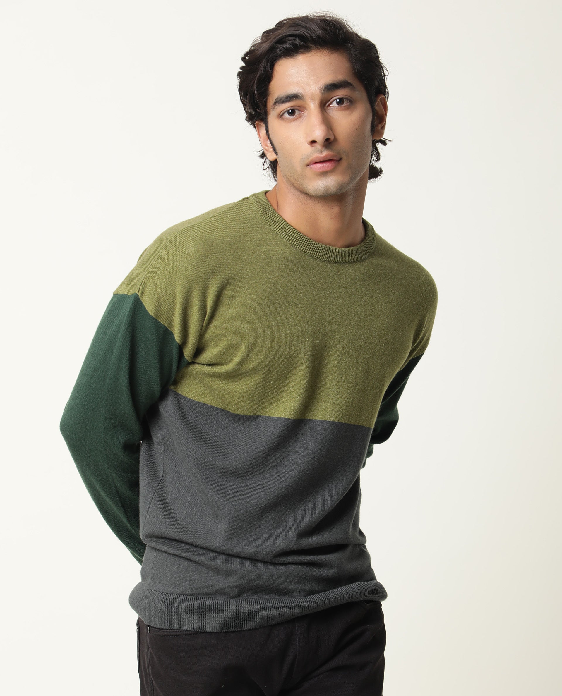 Rare Rabbit Tanko Primary Green Sweater Cotton Fabric Full Sleeve Round Neck Slim Fit