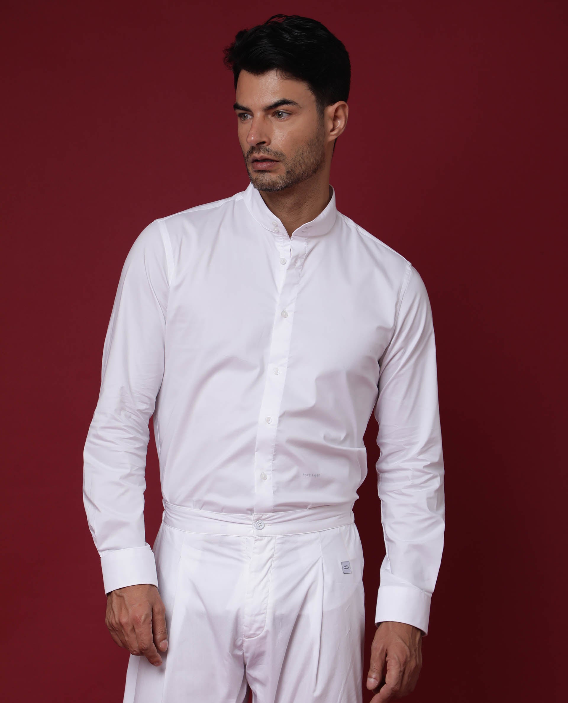 Rare Rabbit Men's Cox White Cotton Polyester Fabric High Neck Manadrin Collar Full Sleeves Solid Shirt