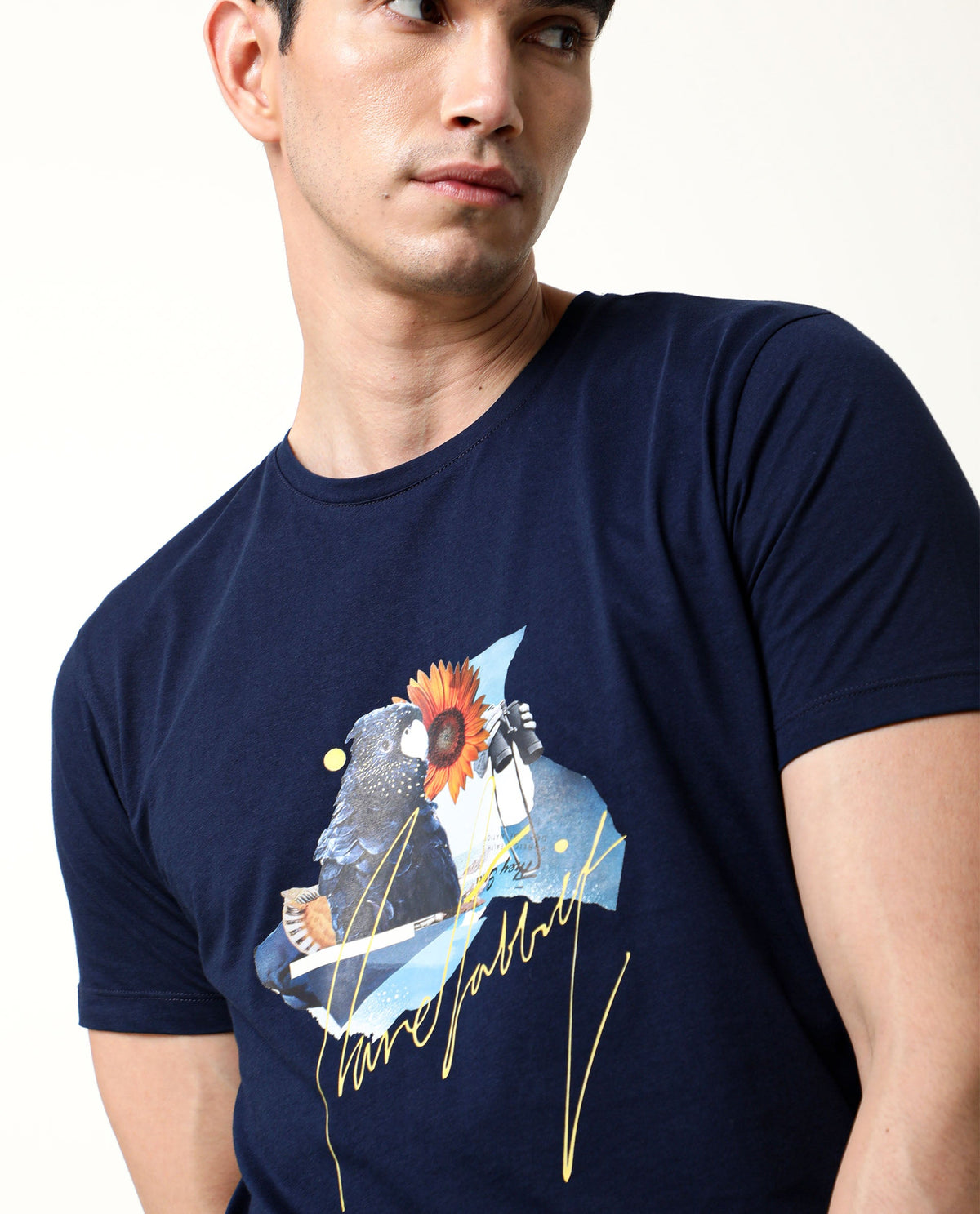 Rare Rabbit Men's Collage Navy Cotton Fabric Crew Neck Half Sleeves Slim Fit Graphic Print T-Shirt