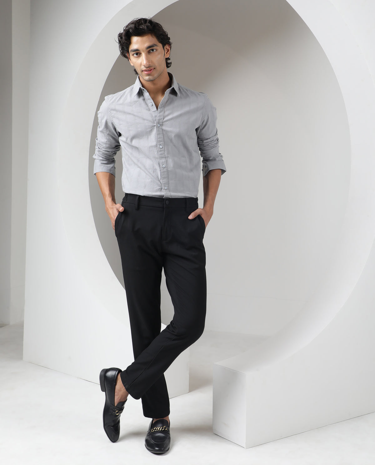 RARE RABBIT MEN'S HECKER GREY SHIRT COTTON FABRIC COLLARED NECK FULL SLEEVES BUTTON CLOSURE