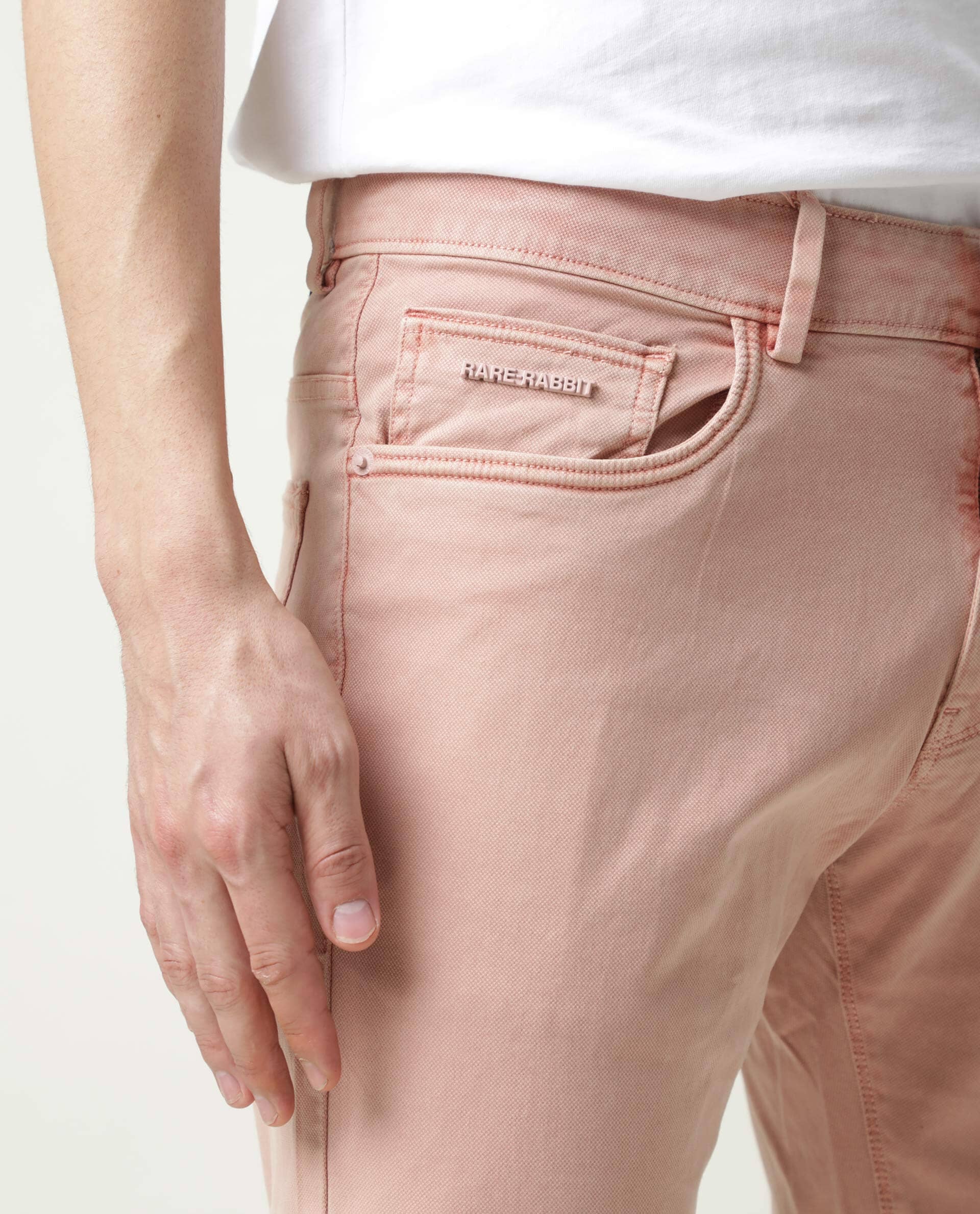 RARE RABBIT FIV5 PRIMARY PINK TROUSER COTTON ELASTANE FABRIC SLIM FIT BUTTON & ZIP CLOSURE