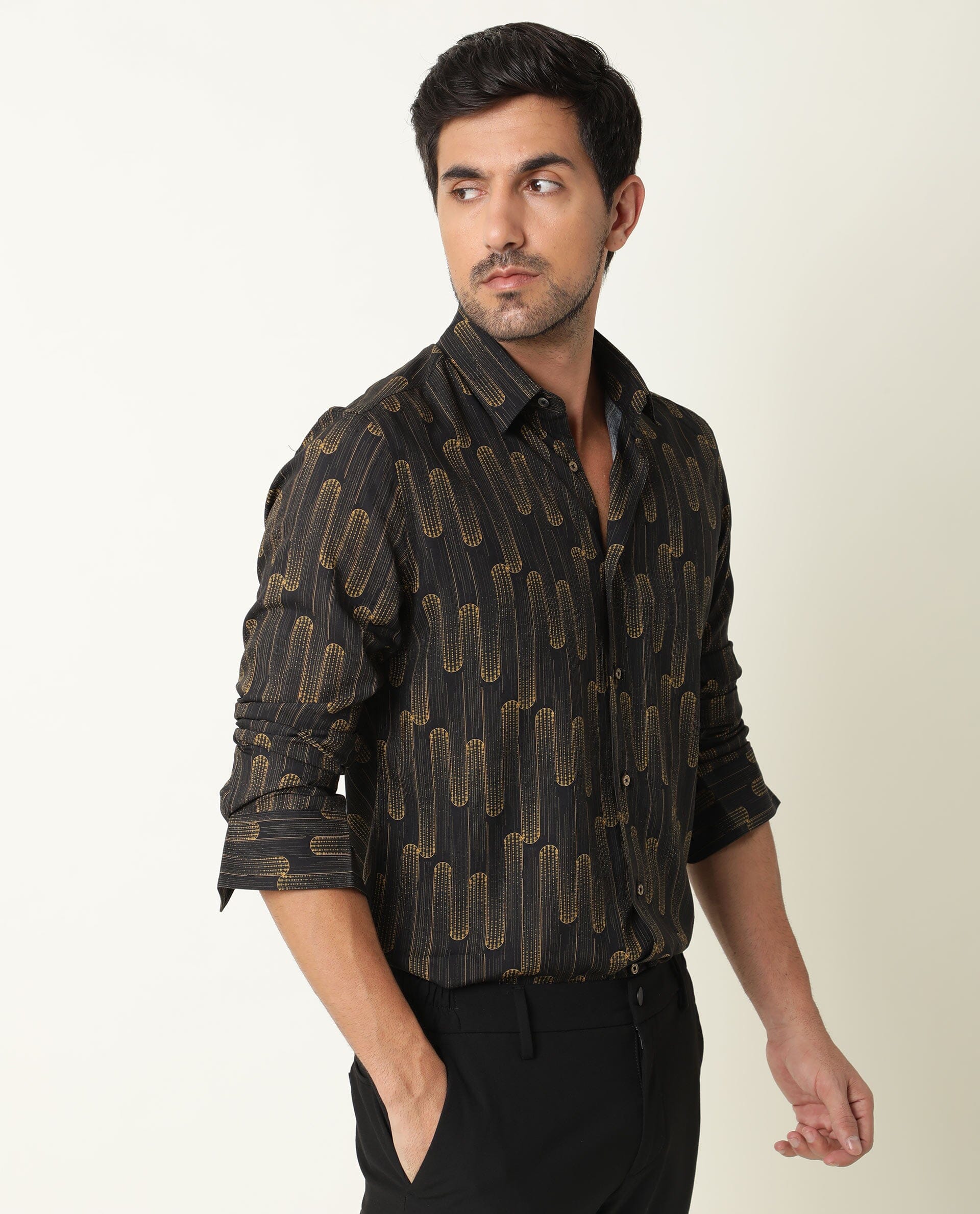 Rare Rabbit Men's Marshey Black Viscose Fabric Full Sleeves Shirt