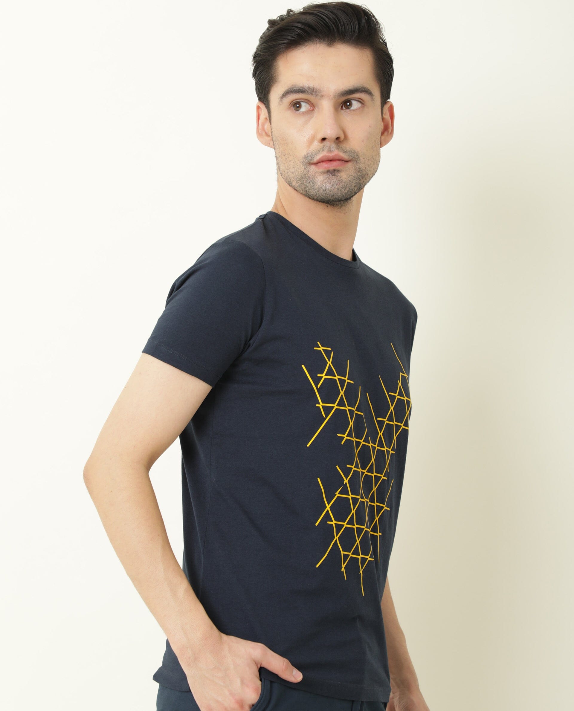 Rare Rabbit Men's Hegon Navy Crew Neck HD Printed Half Sleeves Slim Fit T-Shirt