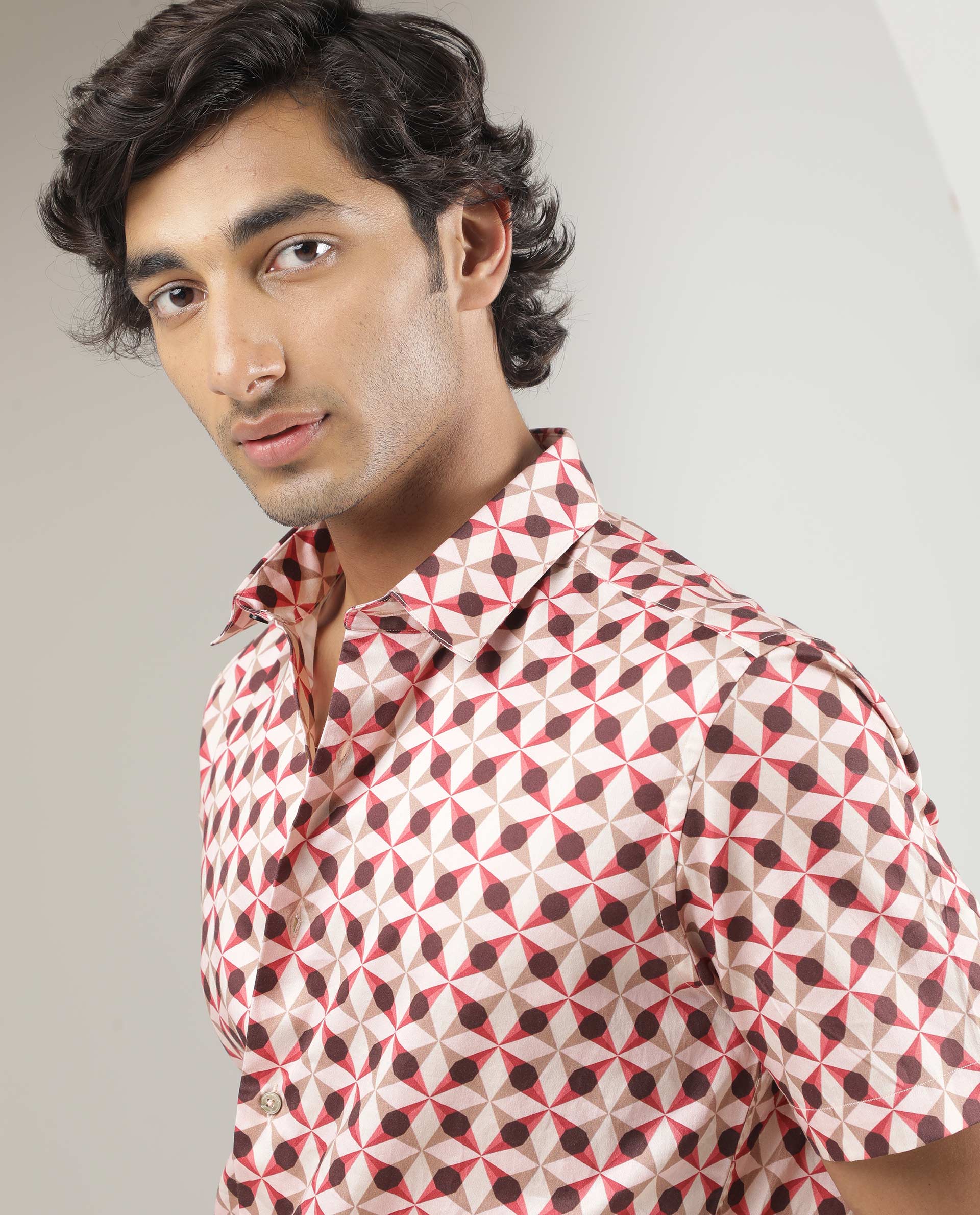 Rare Rabbit Men's Stanet Pink Cotton Fabric Half Sleeves Geometric Print Shirt