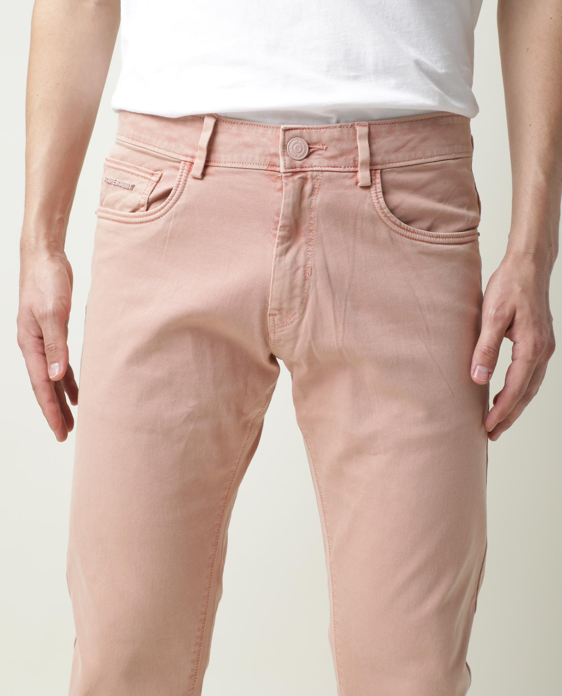 RARE RABBIT FIV5 PRIMARY PINK TROUSER COTTON ELASTANE FABRIC SLIM FIT BUTTON & ZIP CLOSURE