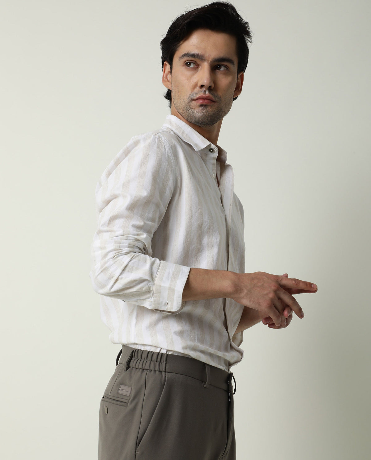 RARE RABBIT MENS DAL BEIGE SHIRT COTTON LINEN FABRIC SLIM FIT COLLAR COLLAR Full Sleeve