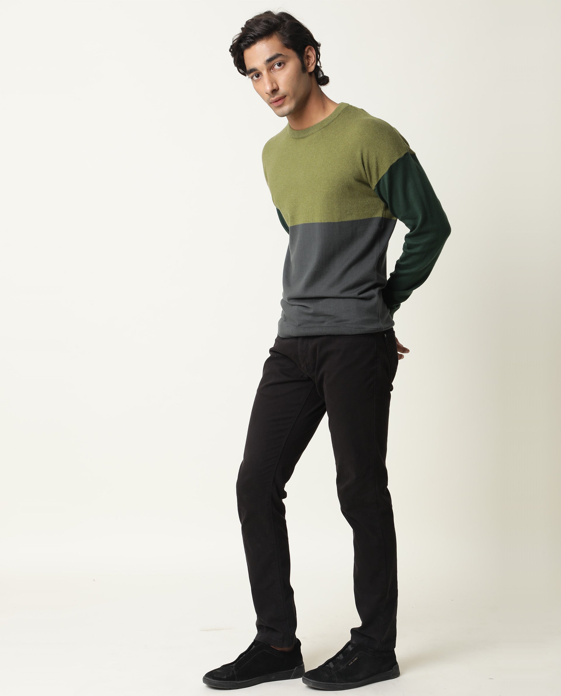 Rare Rabbit Tanko Primary Green Sweater Cotton Fabric Full Sleeve Round Neck Slim Fit