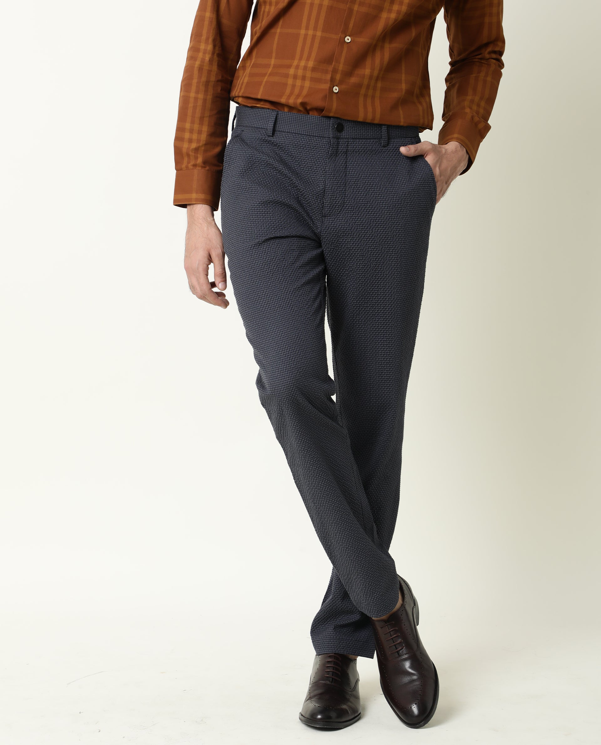 Rare Rabbit Men's Albion Navy Mid-Rise Regular Fit Classic Check Trouser