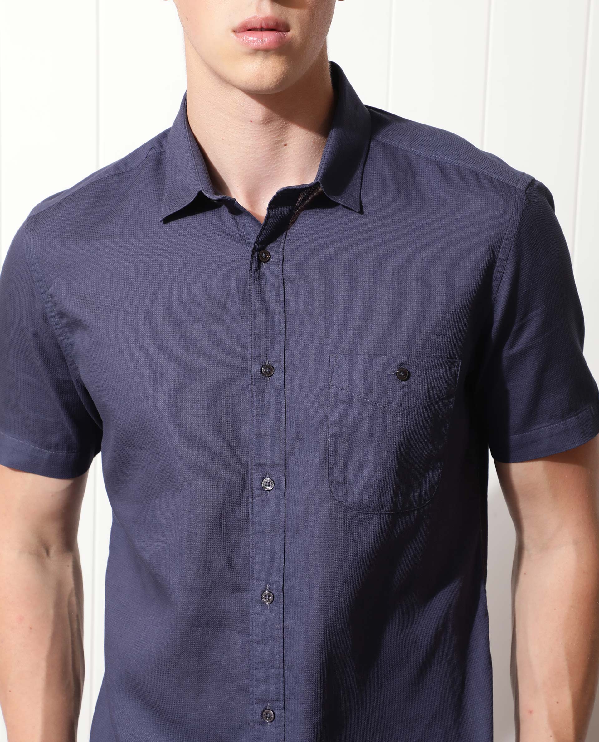 Rare Rabbit Men's Affle Dark Purple Dobby Fabric Half Sleeves Solid Shirt