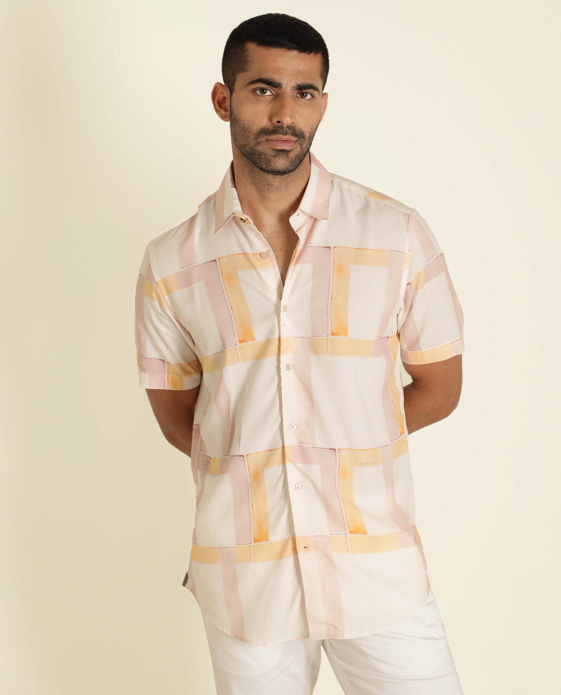 Rare Rabbit Men's Kexby White Viscose Fabric Abstract Print Half Sleeves Shirt