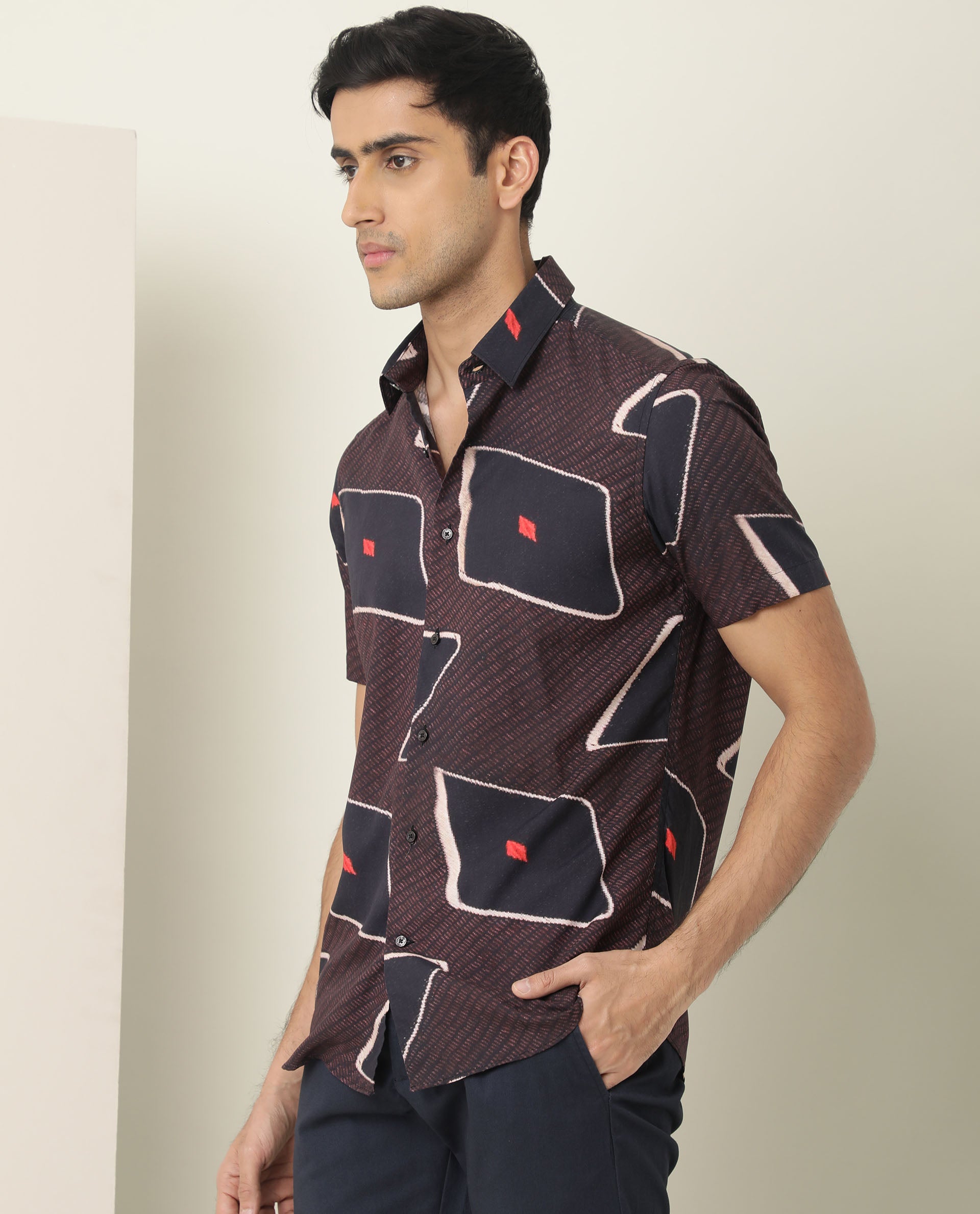 Rare Rabbit Men's Nistic Brown Viscose Fabric Geometric Print Half Sleeves Shirt