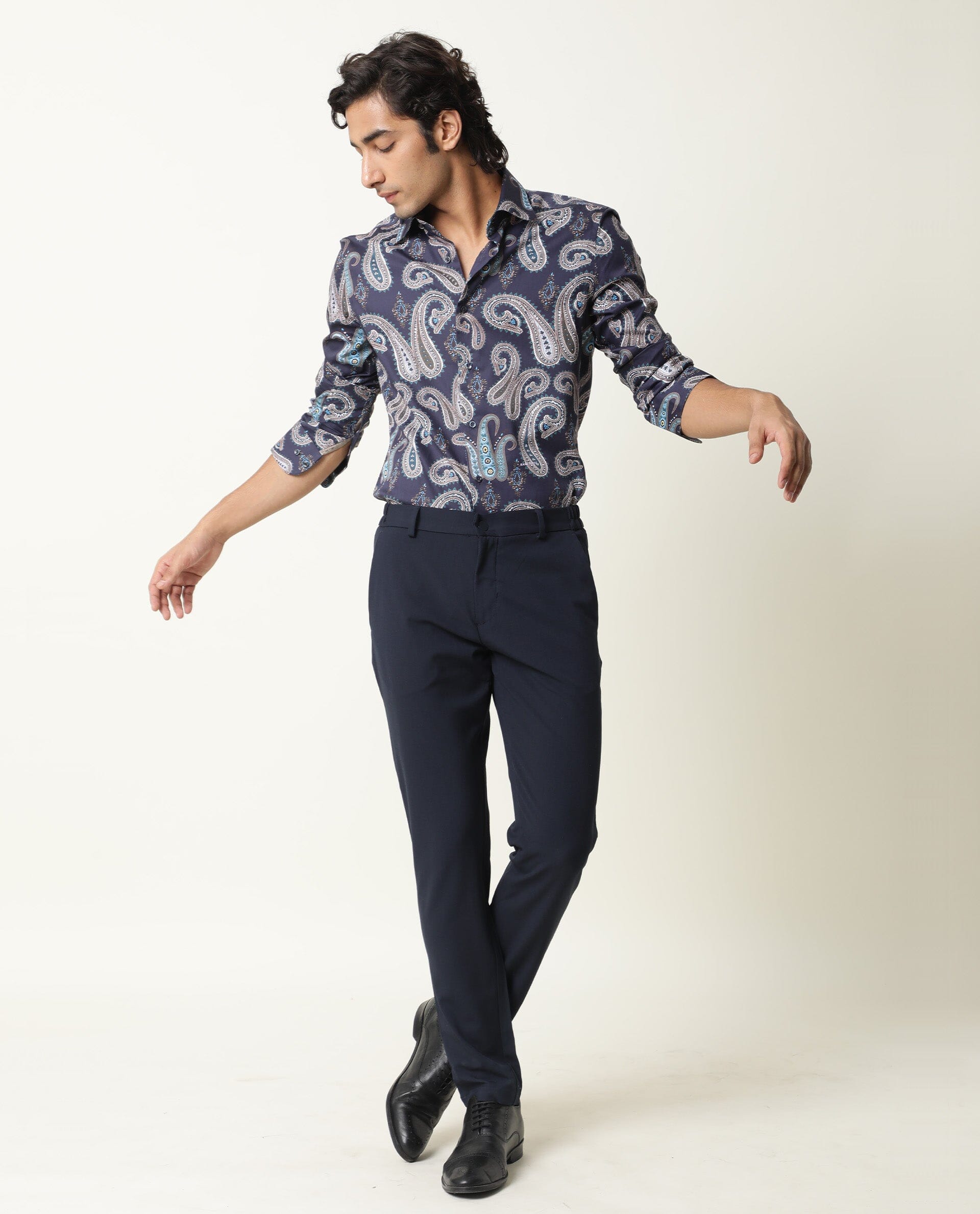 RARE RABBIT MEN'S PAZZO NAVY SHIRT COTTON FABRIC COLLARED NECK FULL SLEEVES BUTTON CLOSURE SLIM FIT