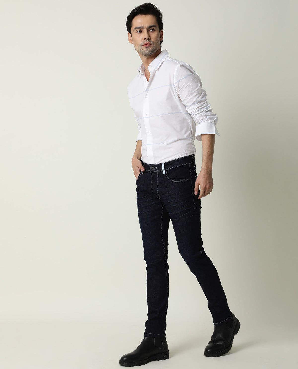 Rare Rabbit Men's Neo Blue Mid-Rise Dark Wash Slim Fit Jeans