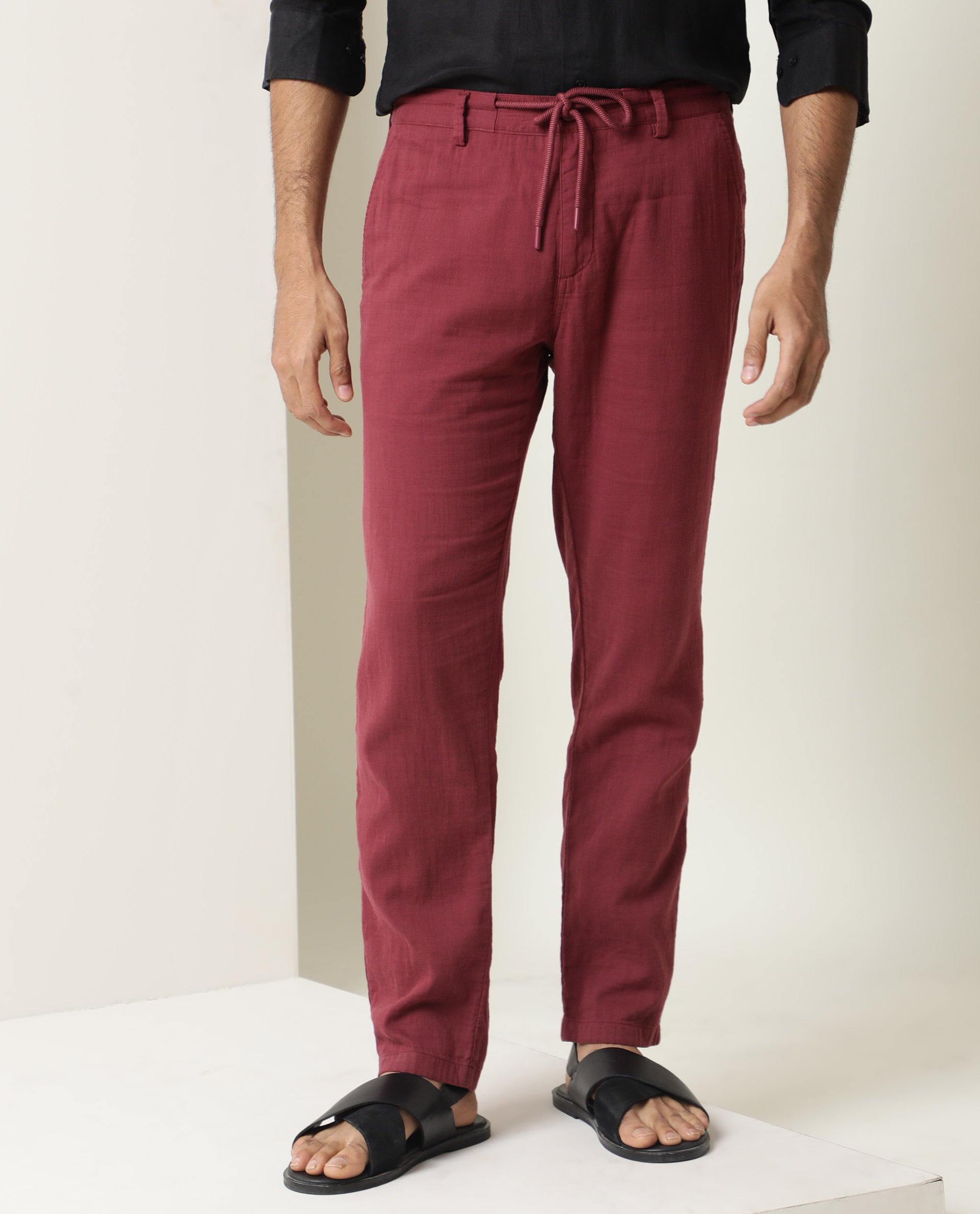 Rare Rabbit Men's Pastor Dark Red Solid Mid-Rise With Drawstring And Elastic Waistband Regular Fit Trouser
