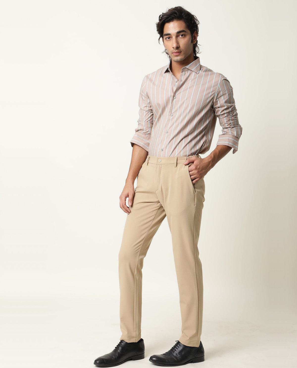 RARE RABBIT MEN'S MORAS BEIGE SHIRT COTTON FABRIC COLLARED NECK FULL SLEEVES