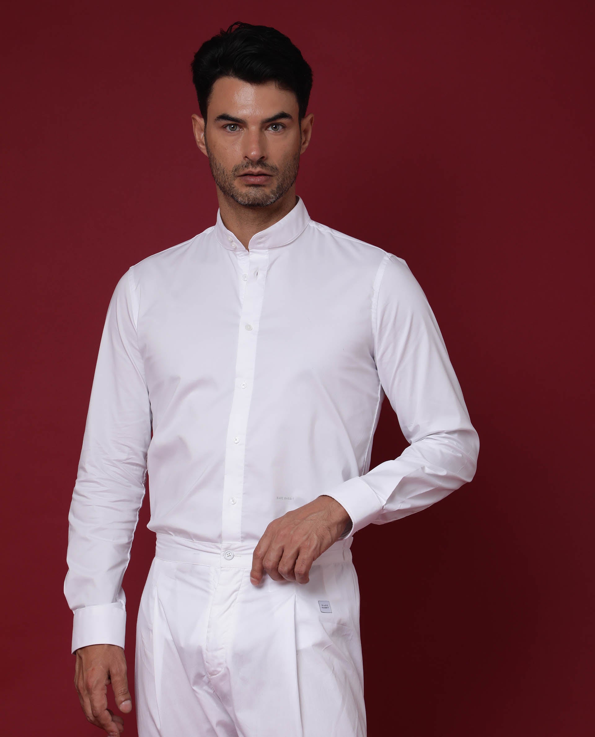 Rare Rabbit Men's Cox White Cotton Polyester Fabric High Neck Manadrin Collar Full Sleeves Solid Shirt