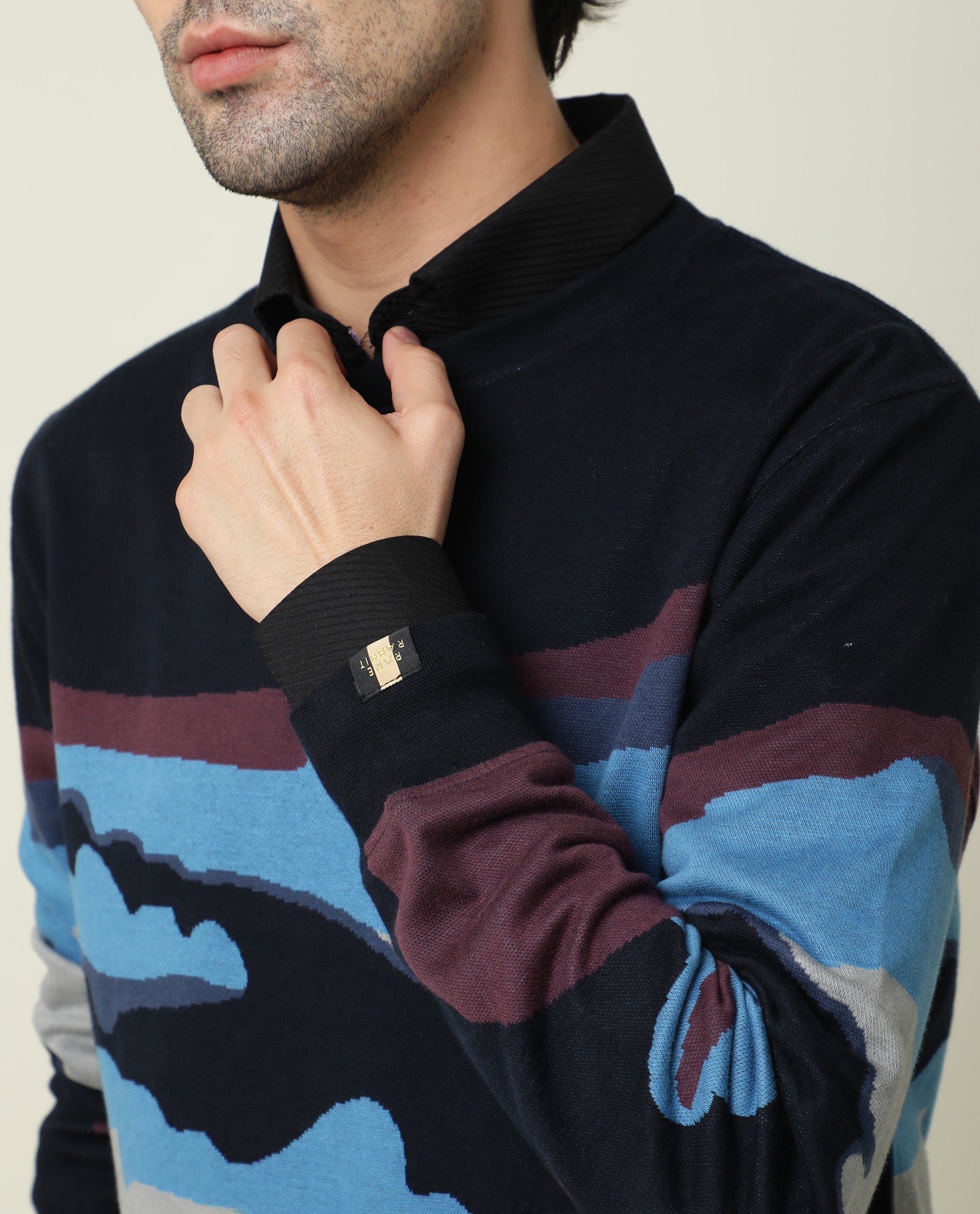 Rare Rabbit Men'S Hill Navy Cotton Fabric Crew Neck Full Sleeves Slim Fit Sweatshirt