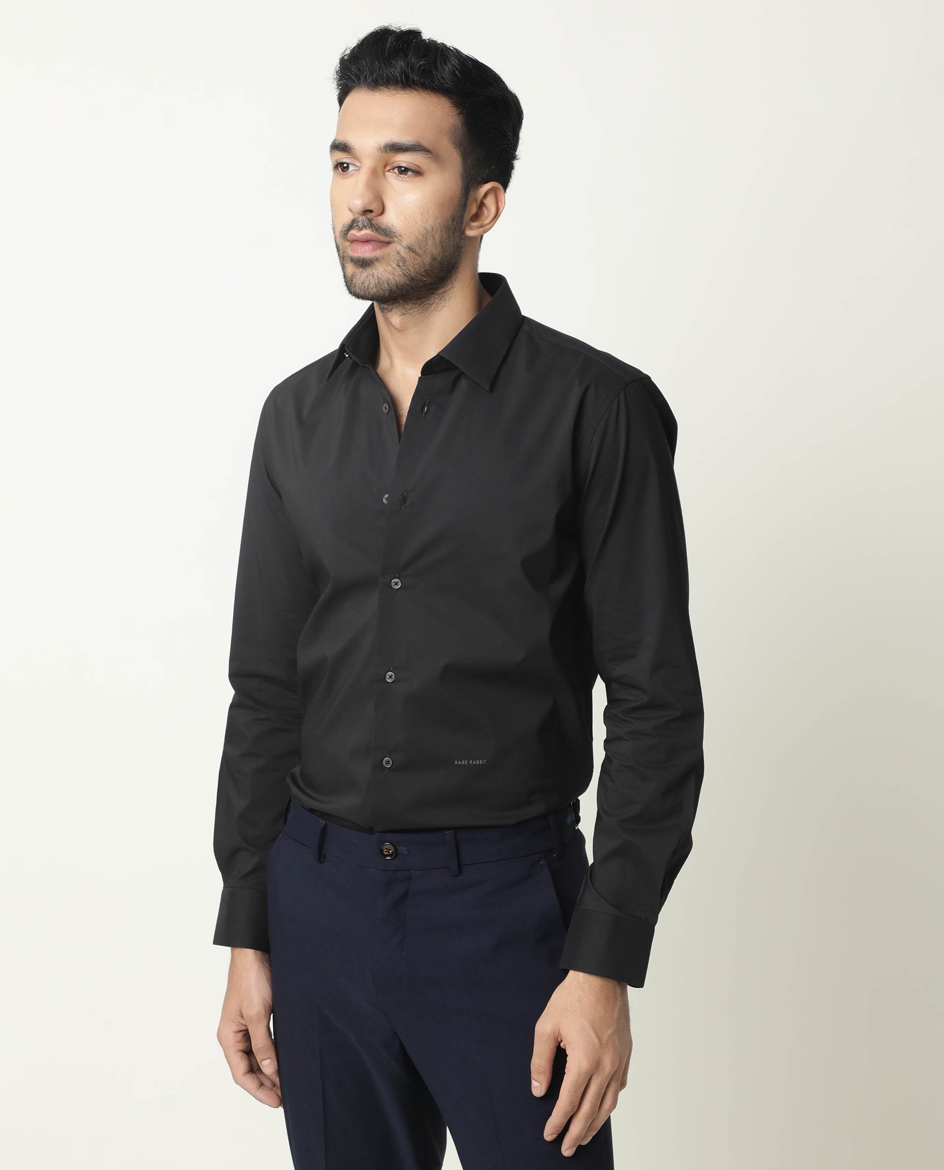 RARE RABBIT MEN'S NEUTRO LS BLACK SHIRT COTTON POLYESTER FABRIC COLLARED NECK FULL SLEEVES BUTTON CLOSURE SLIM FIT