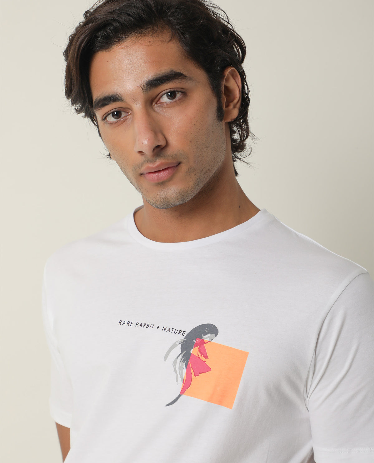 Rare Rabbit Men's Gol White Cotton Fabric Crew Neck Half Sleeves Slim Fit Graphic Print T-Shirt