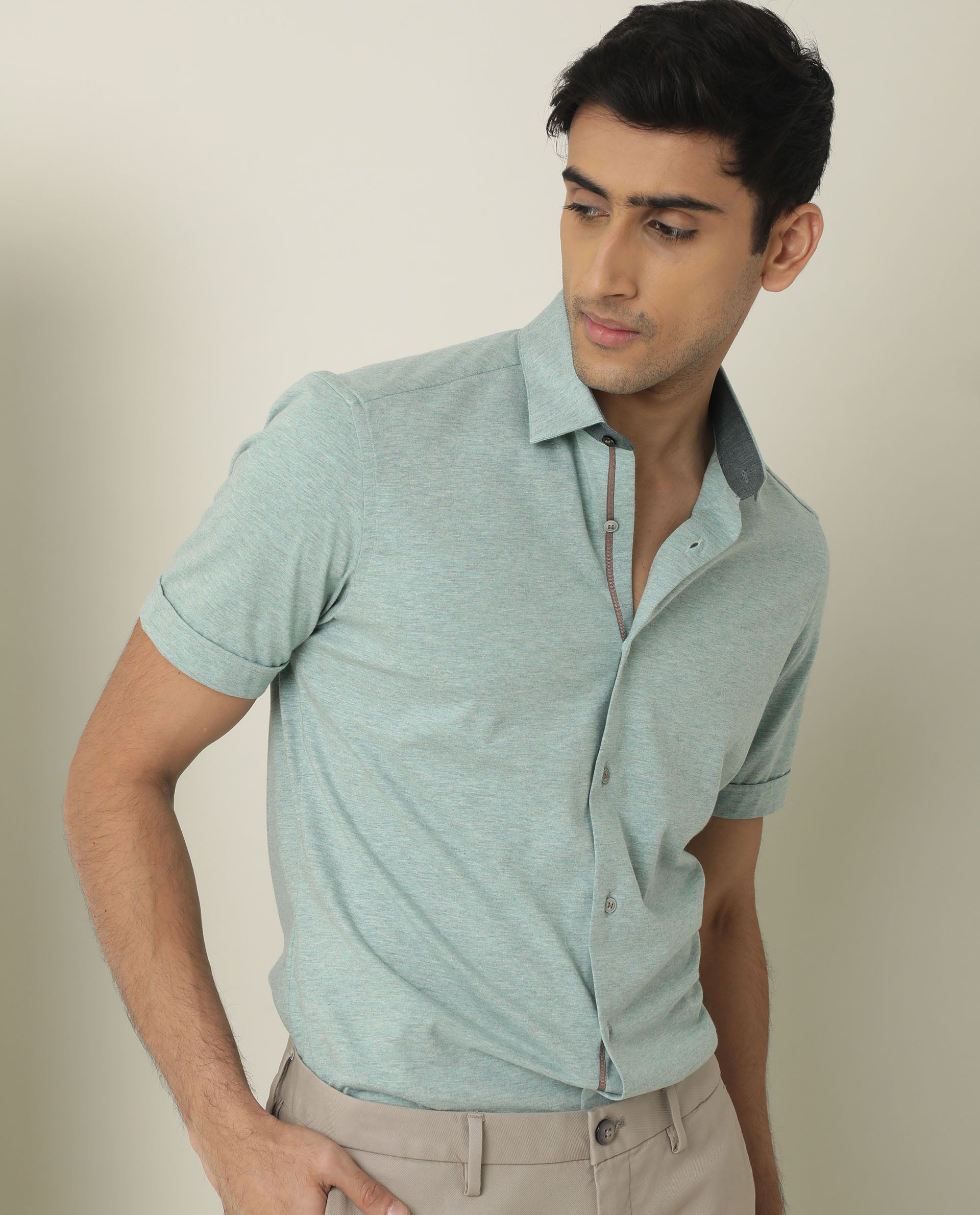 Rare Rabbit Men's Miraj Pastel Green Cotton Fabric Half Sleeves Knitted Shirt