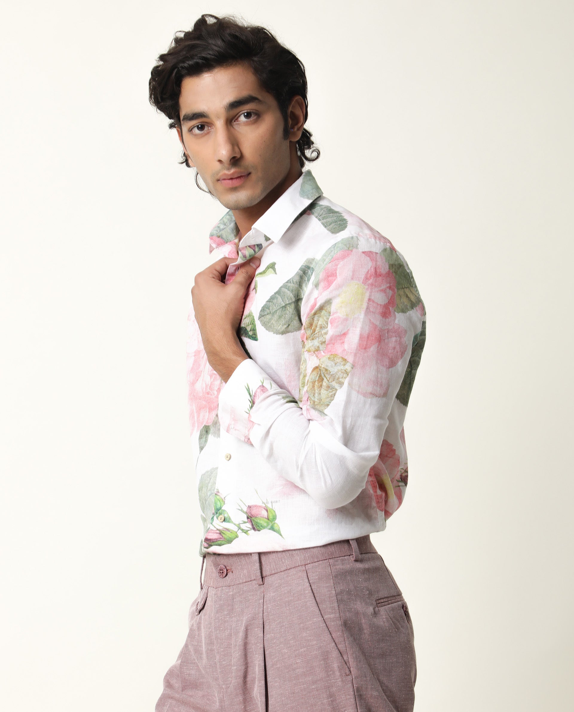 Rare Rabbit Men's Slovens White Shirt Cotton Fabric Floral Print Full Sleeves Shirt