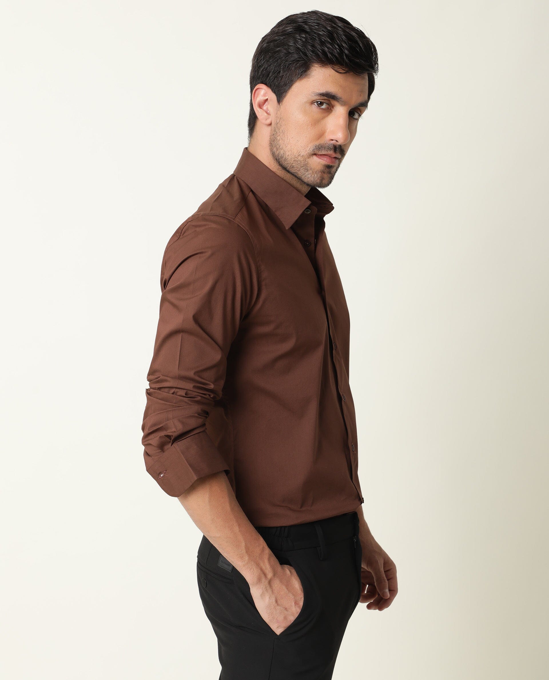 Rare Rabbit Mens Benedict Brown Cotton Stretch Drop Collar Full Sleeves Shirt