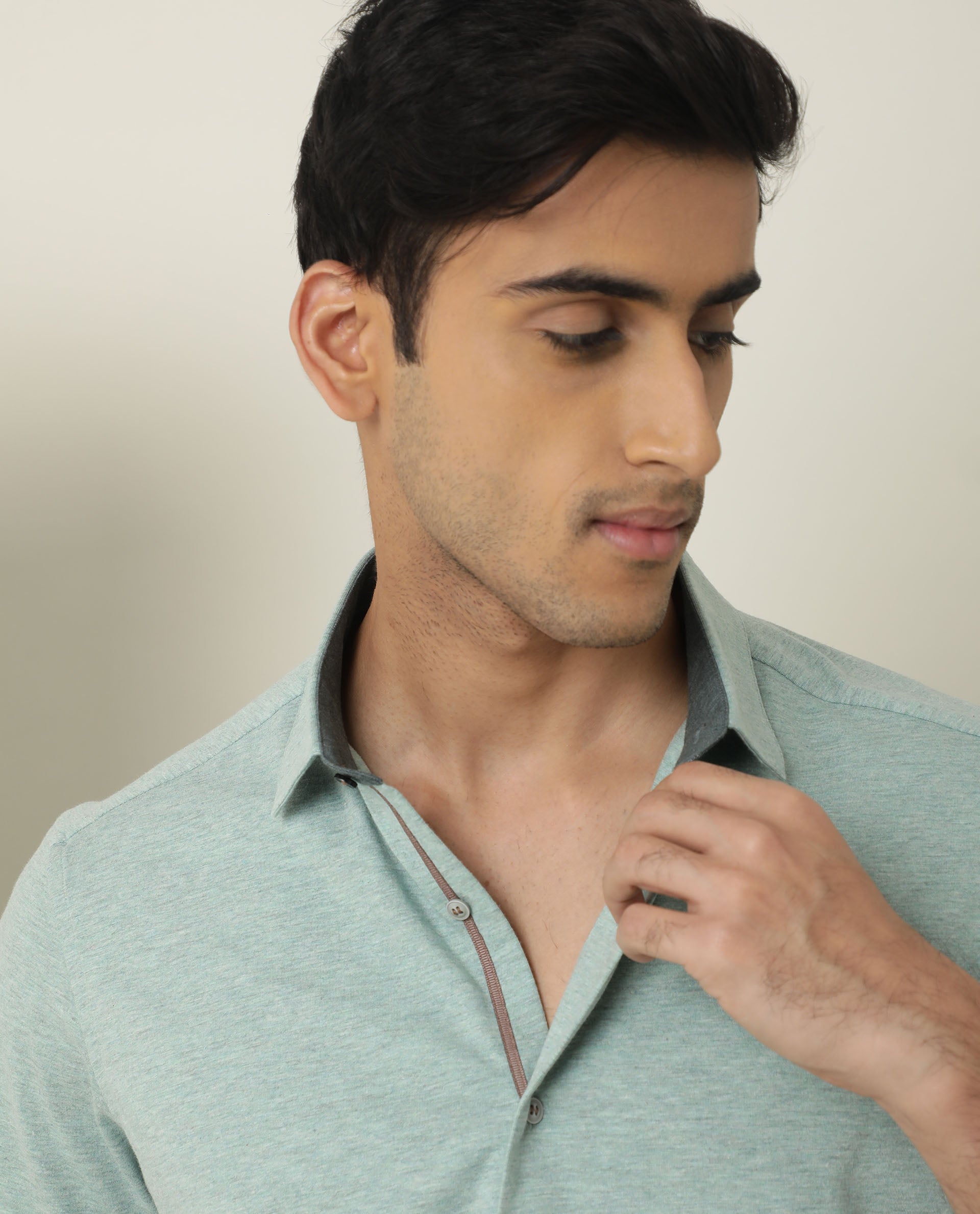 Rare Rabbit Men's Miraj Pastel Green Cotton Fabric Half Sleeves Knitted Shirt