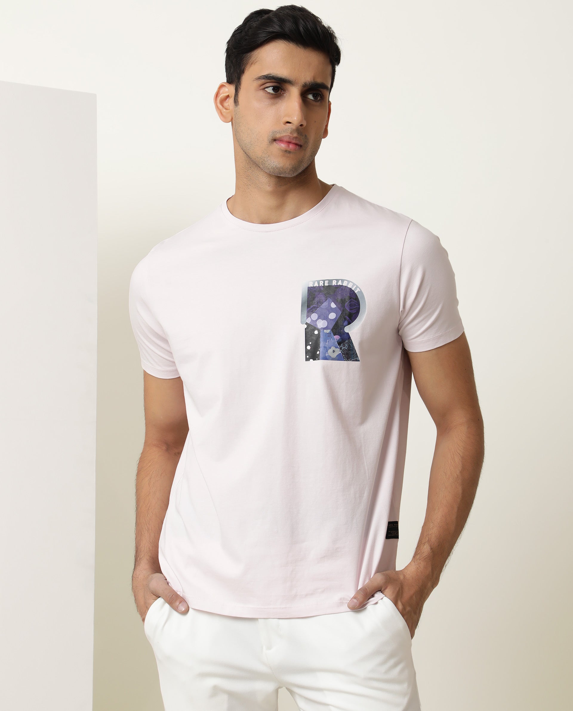 Rare Rabbit Men's Roseta Pink Cotton Lycra Fabric Crew Neck Half Sleeves Regular Fit Abstract Graphic Print T-shirt